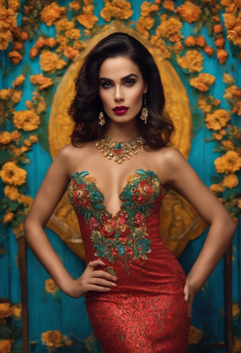 linda mulher morena com ancas largas e com um vestido justo e meias pretas sentada