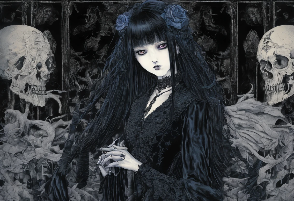 Woman with long black hair, dressed in a black dress and a blue flower, Japanese Gothic, Sui Ishida with black hair, 1 7 - year - old anime goth girl, 1 7 - year - old goth girl, Black Hime Haircut, cruel korean goth girl, in a gothic dress, wearing modern gothic clothes, Portrait of a radical girl Lolita, style of junji ito