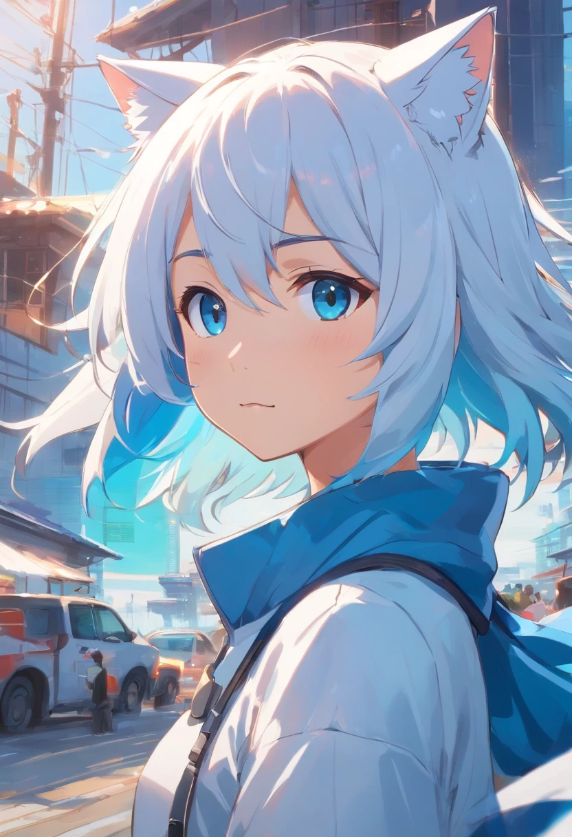 cabelo ondulado branco com mechas azuis, olhos azuis, gorro de gato azul claro, moletom azul claro, segurando uma M4A1
