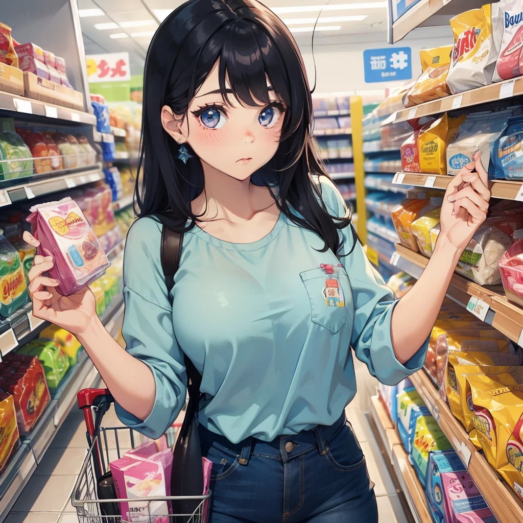 masterpiece,best qualitiy,high detail,1girl,small breasts,blush, tanktop,denim shortpants, <lora:Konbini_V4:0.0.6>Konbini,cashier, monitor, food, shop, indoors, convenience store,holding shopping basket