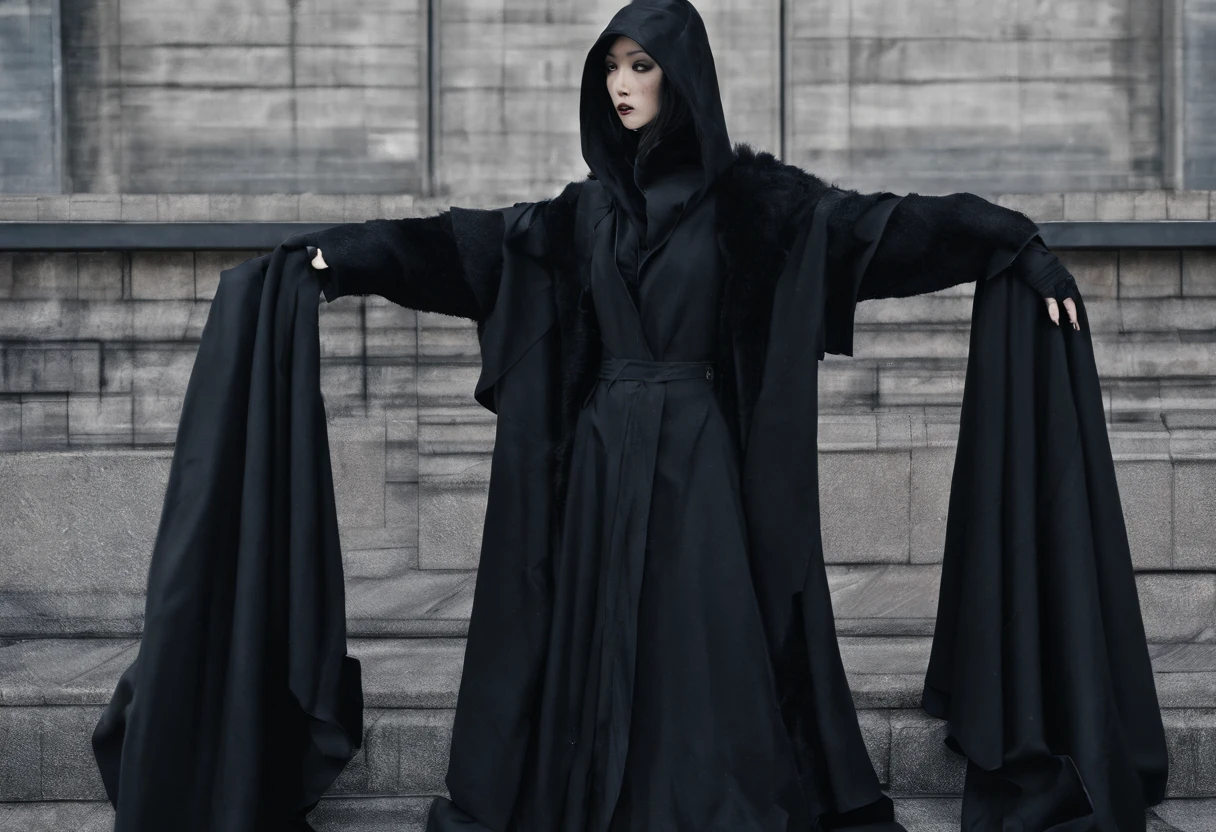 A woman in a black coat and black boots stands on the street, Oversized black clothing, with a long black cape, in black clothes and a cape, Japanese Urban Street Fashion, Tokyo Fashion, Masami Kurumada Style, in a black coat, Wearing Japanese technical clothing, in a black coat, Japanese street fashion, black cloak from neck to ankles
