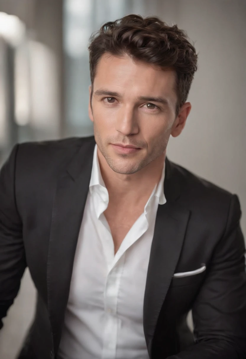 a handsom man, 40 years old, shaven , short curly brown hair, black tight suit, white fit shirt . Minimalistic background, clean composition, strong de