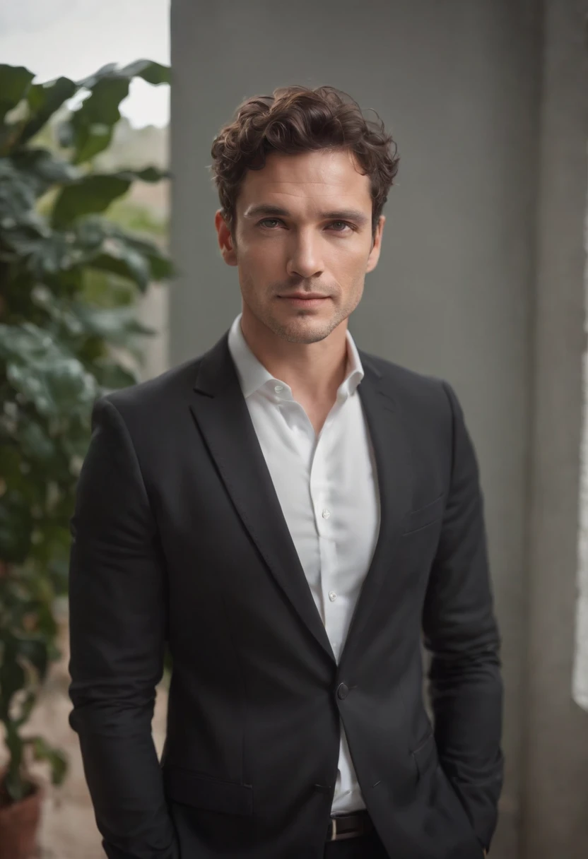 a handsom man, 40 years old, shaven , short curly brown hair, black tight suit, white fit shirt . Minimalistic background, clean composition, strong de