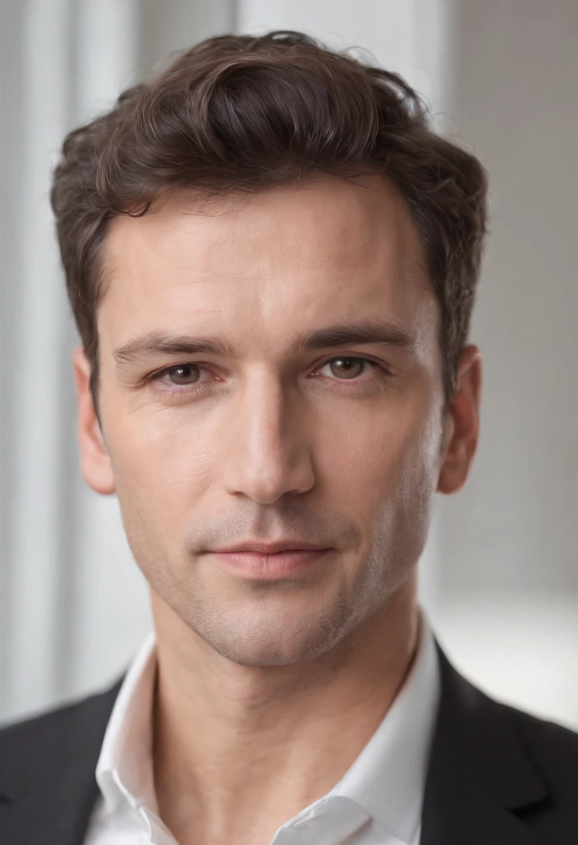 a handsom man, 40 years old, shaven , short curly brown hair, black tight suit, white fit shirt . Minimalistic background, clean composition, strong de