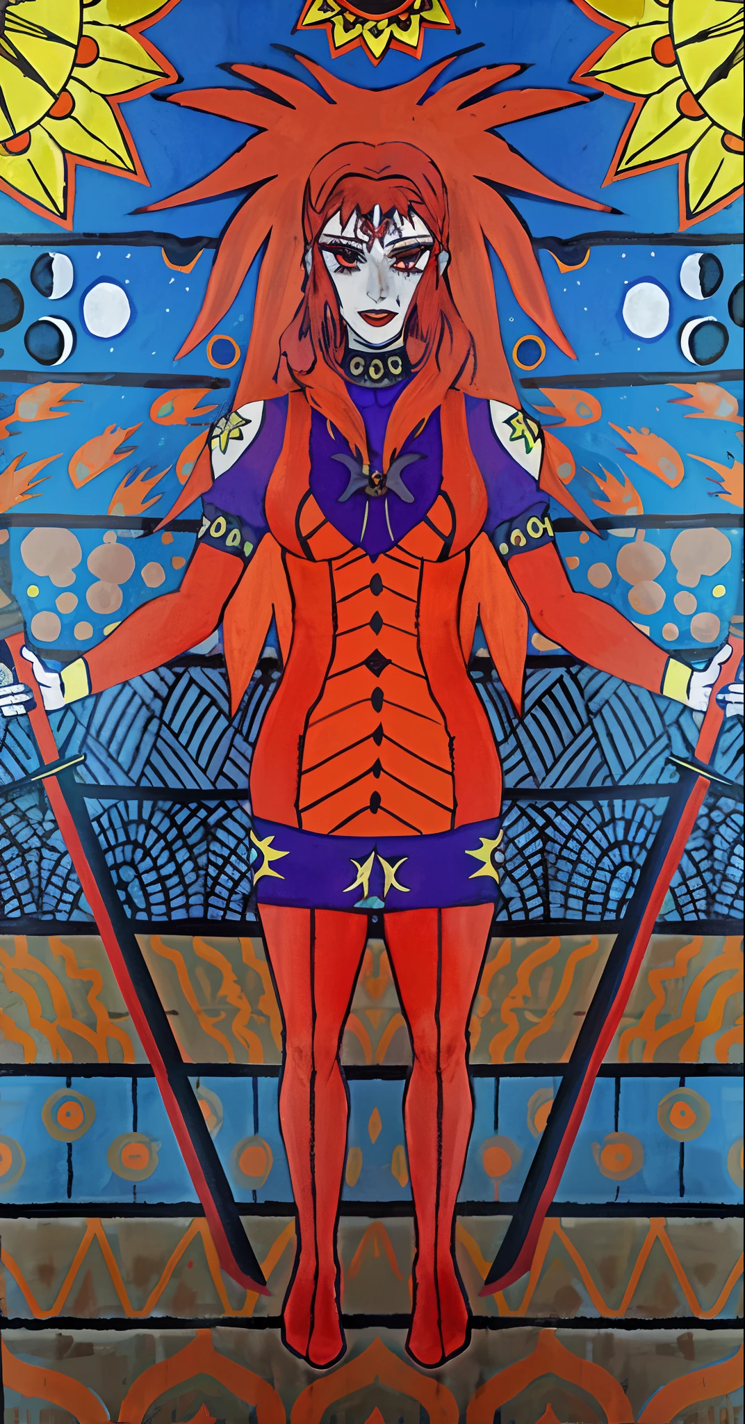 "pintura de uma mulher vampira em um vestido vermelho segurando duas espadas, vampyr Art Deco, aparece como a deusa do fogo, A Deusa Borboleta do Fogo, Deusa DMT, Deusa vampira, Sacerdotisa vampira, portrait of a scorpion goddess, A Alta Sacerdotisa, She's dressed in vampire clothes."