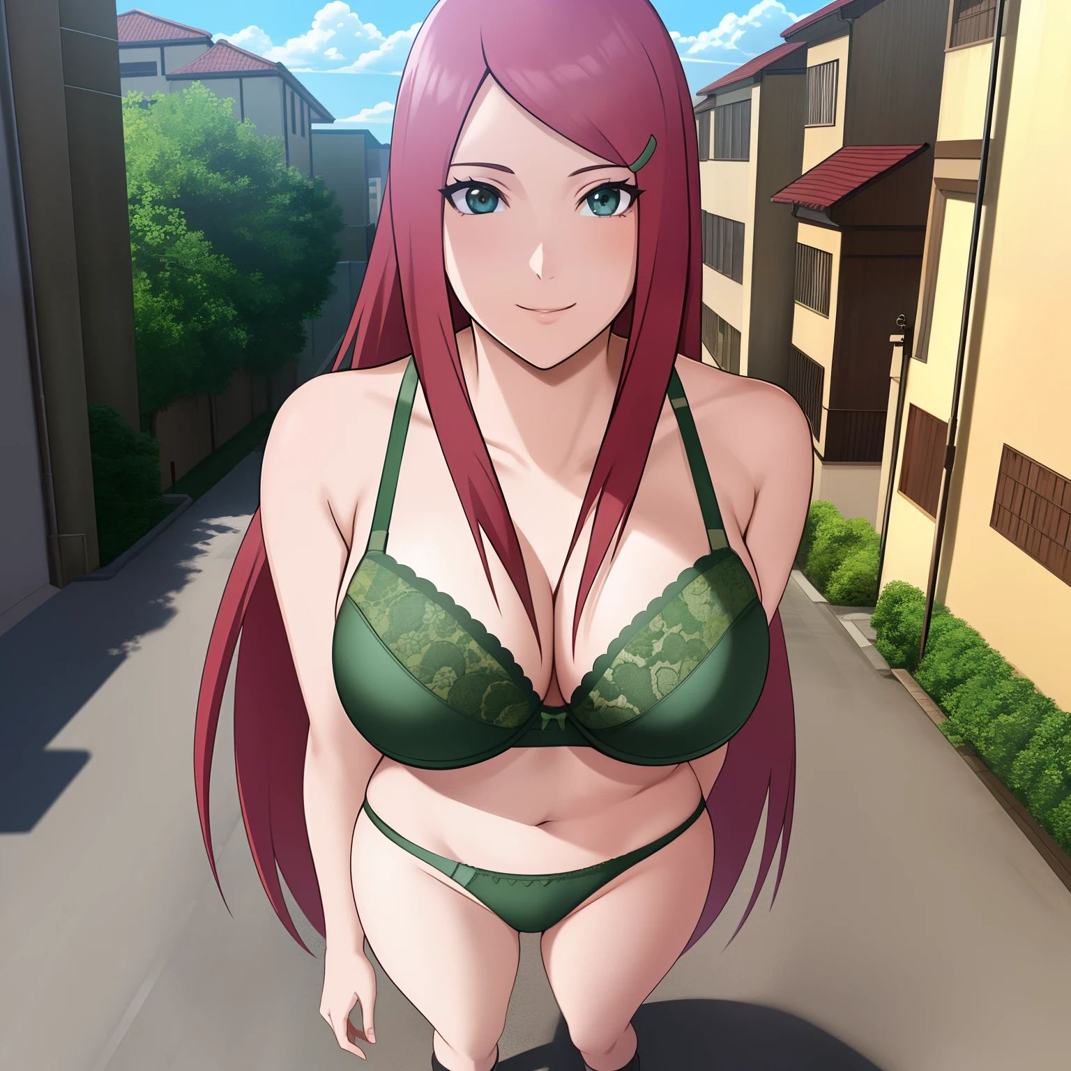 uzumaki_kushina, large_breasts, standing, solo, kushina_green_bra_and_underwear, masterpiece, best quality, detailed face, detailed eyes, highres, smile, ghibli, street, konoha's street, background, (masterpiece:1.4, best quality:1.2), (beautiful eyes, beautiful face), (Highres), (Detailed Illustration), Ultra-Detailed, looking at viewer, konohagakure, uzumaki_kushina, kushina_green_underwear, sexy figure , full body view , milf , green bra and underwear , standing on the street