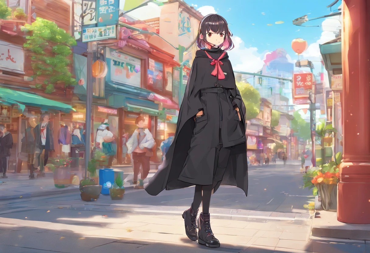 A woman in a black coat and black boots stands on the street, Oversized black clothing, with a long black cape, in black clothes and a cape, Japanese Urban Street Fashion, Tokyo Fashion, Masami Kurumada Style, in a black coat, Wearing Japanese technical clothing, in a black coat, Japanese street fashion, black cloak from neck to ankles