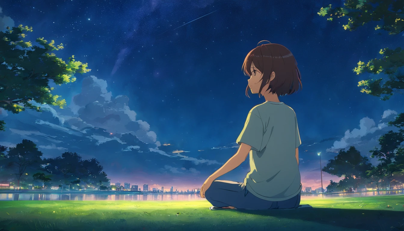 A girl was meditating in a park at night with clouds and a starry sky, away from the noise of the city.