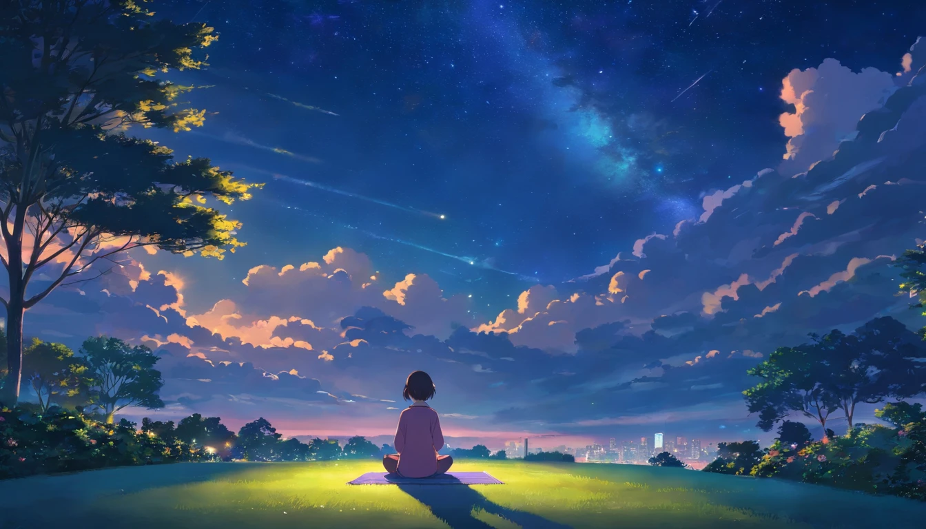 A girl was meditating in a park at night with clouds and a starry sky, away from the noise of the city.