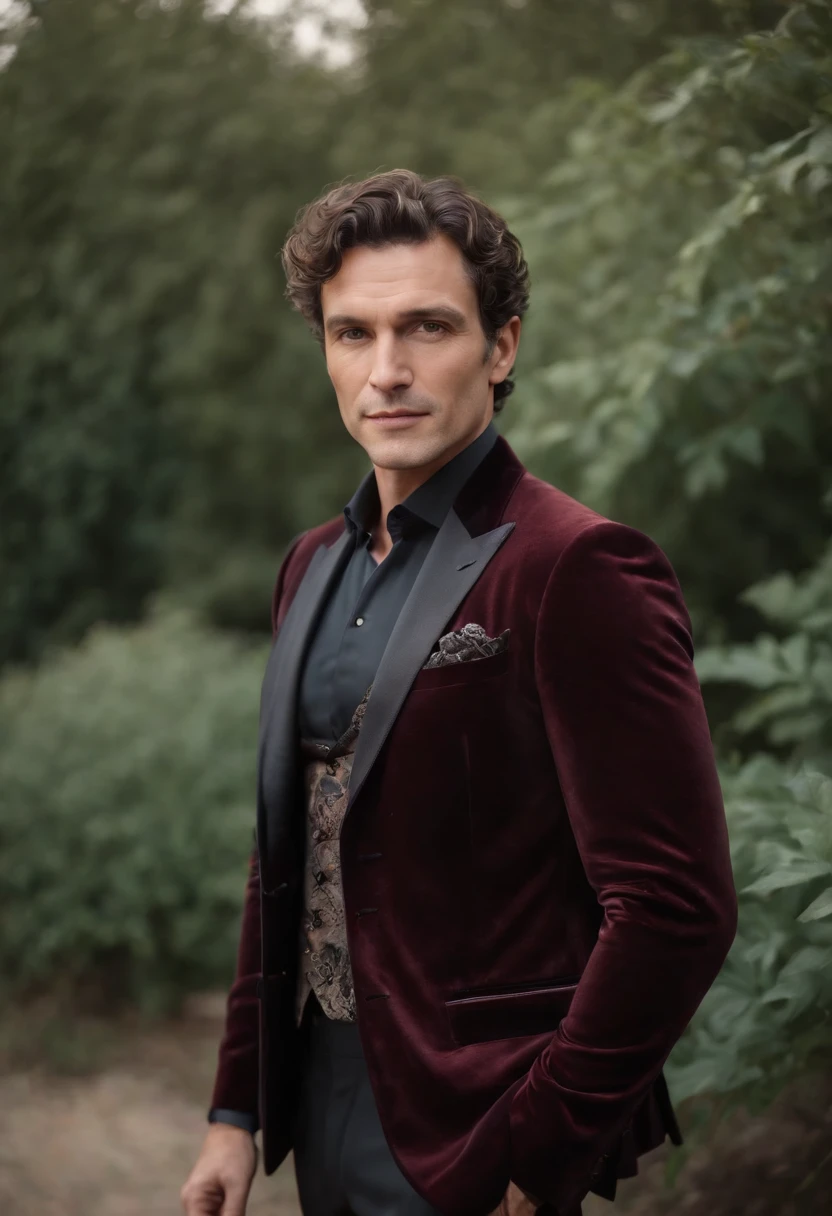 handsom man, tall and fit, 40 years old, (shaven:1.2) , short curly brown hair. dark brown tight velvet suit, (the jacket has black flower patterns:1.2).