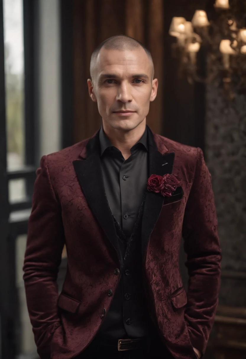 handsom man, tall and fit, 40 years old, (shaven:1.2) , short curly brown hair. dark brown tight velvet suit, (the jacket has black flower patterns:1.2).