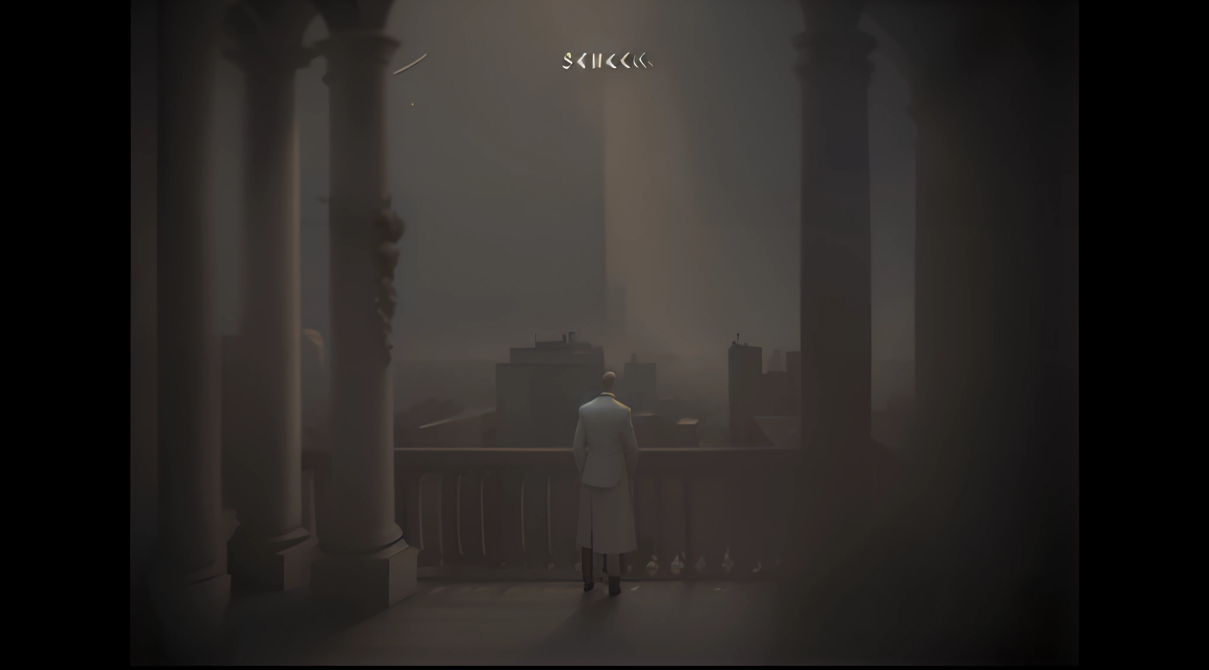 There's a man standing on a porch looking out over the city, candid, cena surreal, inspirado em Franz Sedlacek,