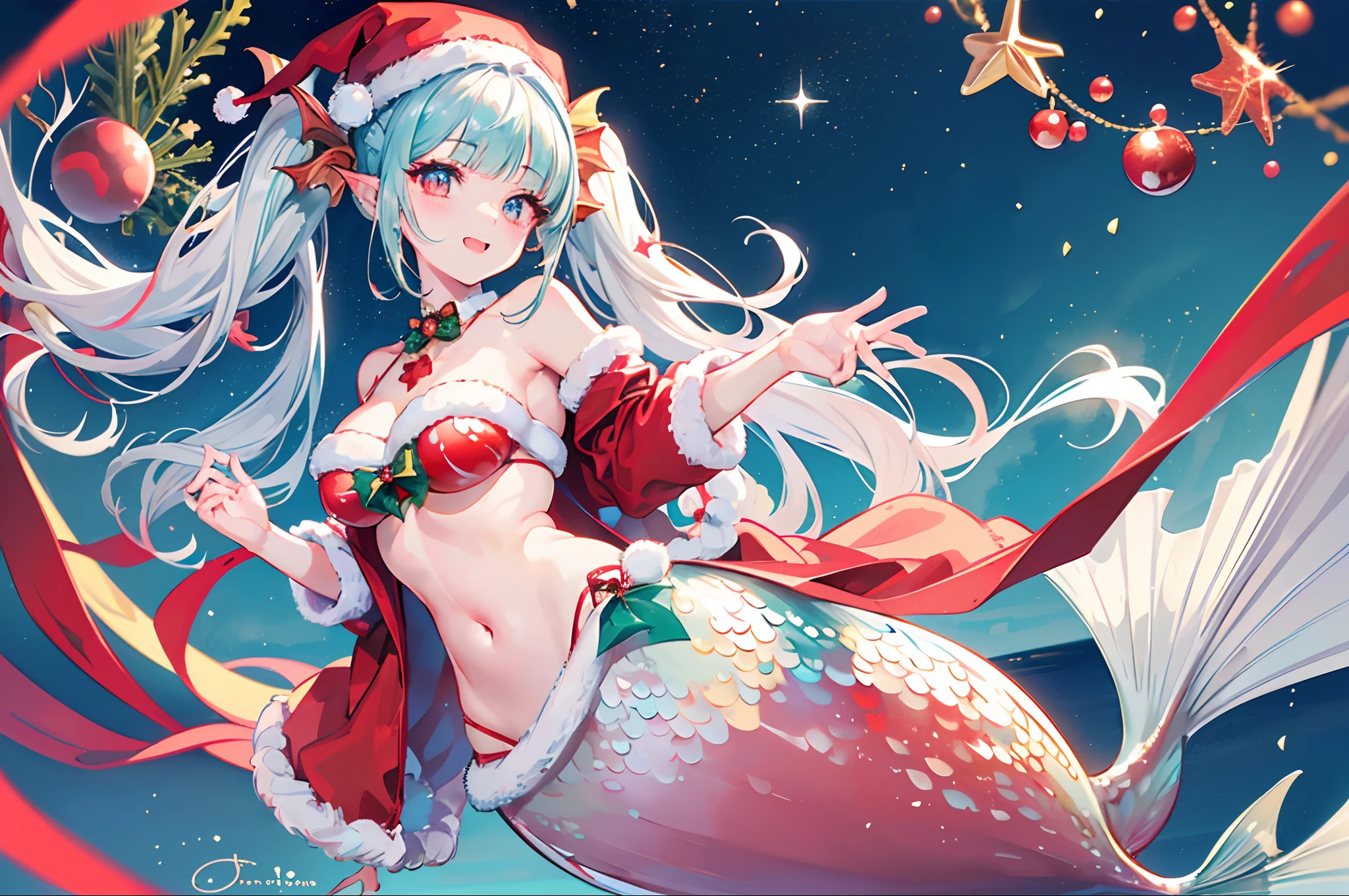 Best Quality, Extremely detailed, Anime, extremely cute and beautiful face, (extremely detailed eyes:1.4), 1girl in, Solo, Laughing, Standing, Dynamic Angle, (mermaid:1.4), (santa costume|Bikini), santa hat, Red Eyes, (Twintail:1.2), White hair, Christmas tree, Christmas, at sea,