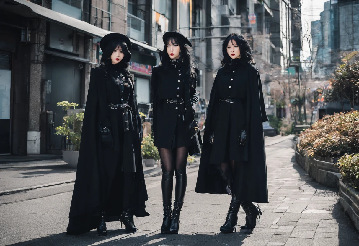 A woman in a black coat and black boots stands on the street, Oversized black clothing, with a long black cape, in black clothes and a cape, Japanese Urban Street Fashion, Tokyo Fashion, Masami Kurumada Style, in a black coat, Wearing Japanese technical clothing, in a black coat, Japanese street fashion, black cloak from neck to ankles