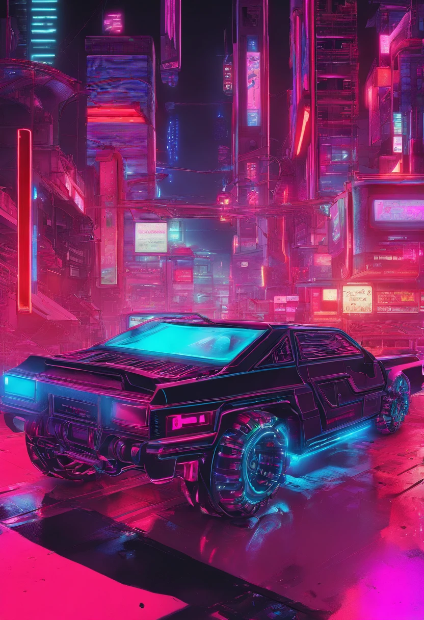 carro estilo cyberpunk, colorido em vermelho e neon, featuring complex and intricate mechanical structures with shiny parts. fundo simples, Lighting style: street lighting. Elegante, futuristic
