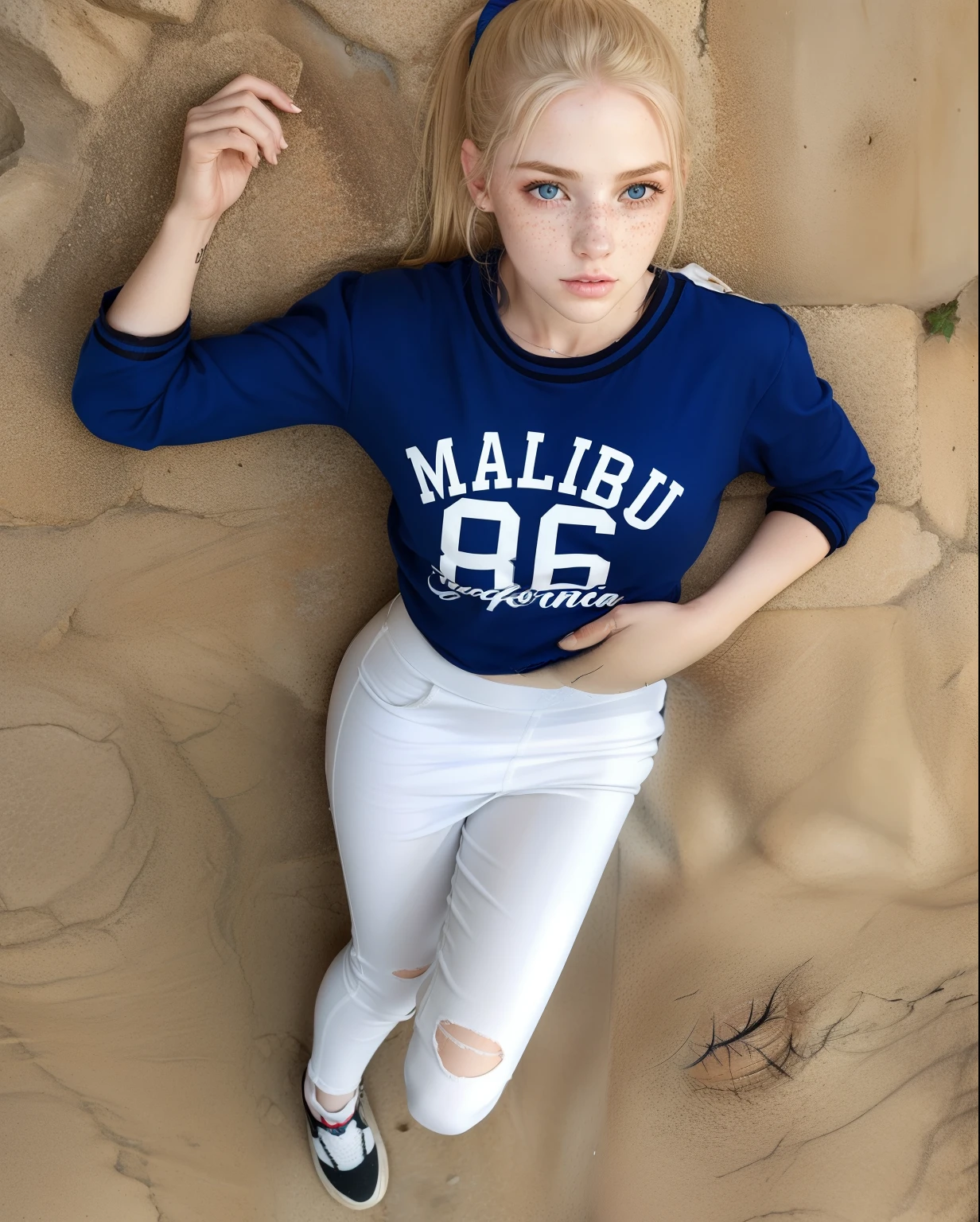Rosto de uma mulher, americana, 20 anos, pale skin and freckles, olhos cinzas, nariz delicado, soft and delicate lips, cabelo blondie cinza ponytail