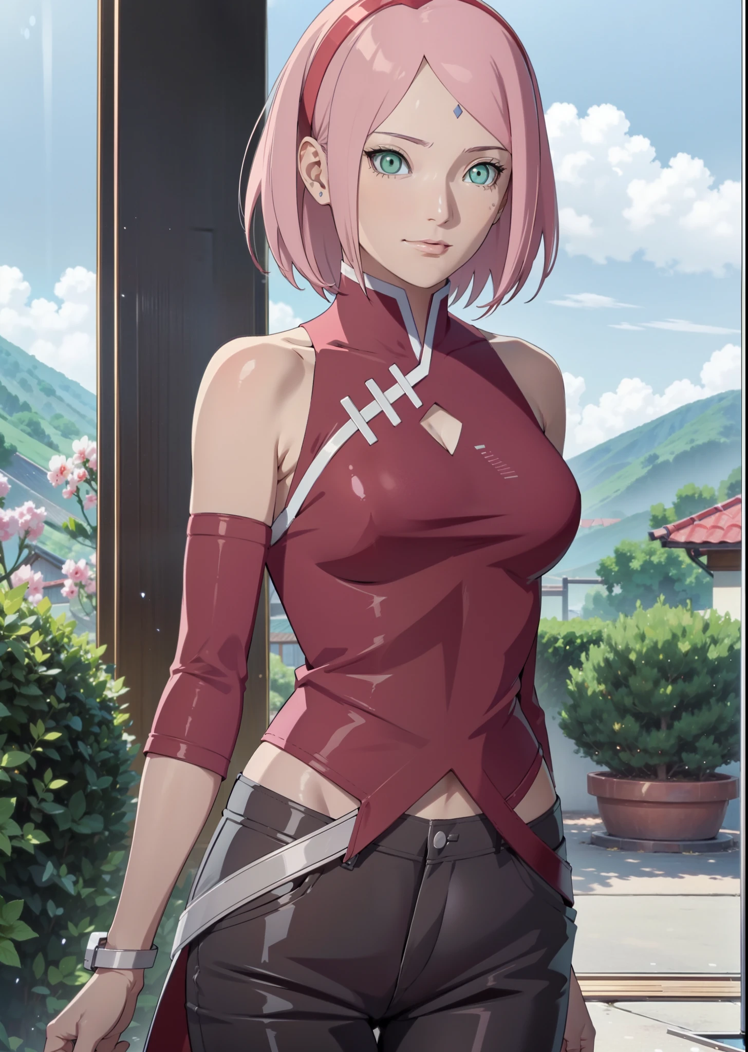 女の子1人,sexy body,perfect body,sehr enge kleidung,zeigt viel haut,sexy kleidung,,Breasts peep out,stehend im garten,nahaufnahme,arms behind back,sakura haruno,rotes Harrband