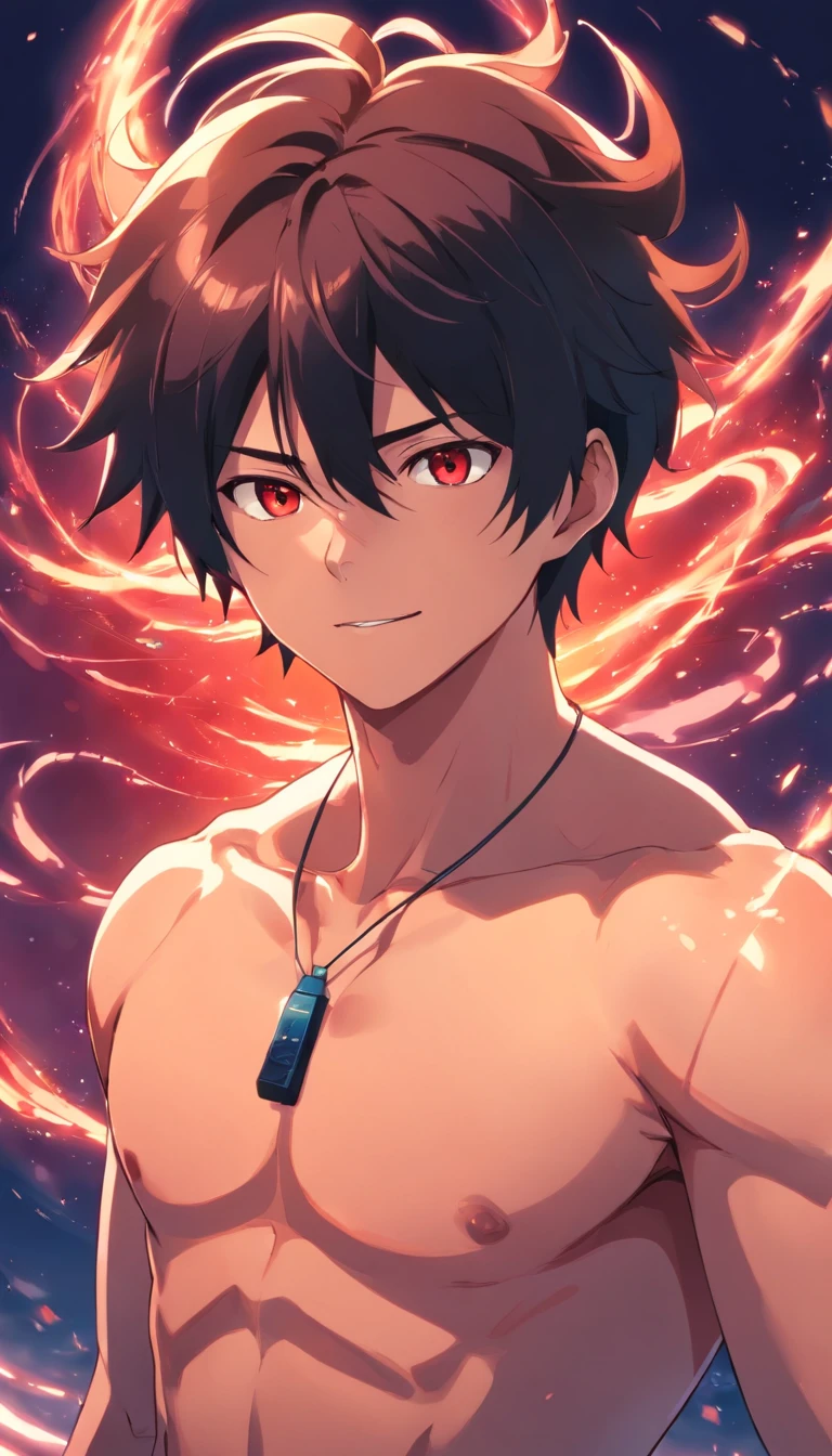 Adolescente, hombre, pelo rojo con negro, orejas de lobo, cuernos de demonio, ojos rojos, mirada dominante, sonriendo, abdomen marcado, sin camiseta, con chaleco, cicatrices en el abdomen, color piel, sujetando una gran espada de doble filo