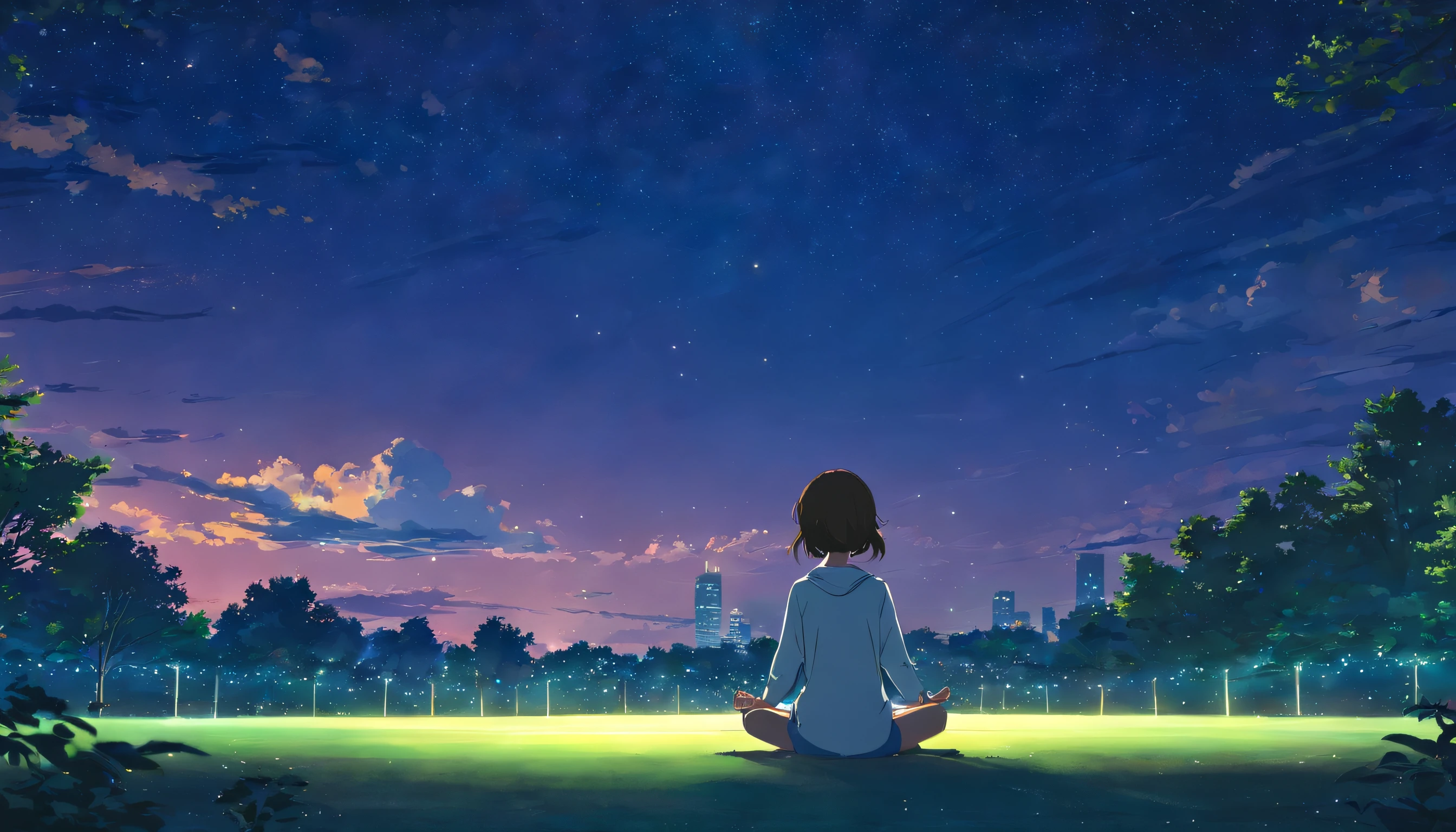 A girl was meditating in a park at night with clouds and a starry sky, away from the noise of the city.