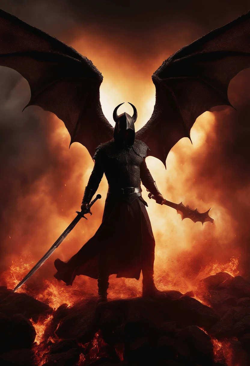 Realistic, 4K, devil with big wings, Black clothes, one sword, Head hood in war background image (chaos), fire behind, rivers of magma, dark mood