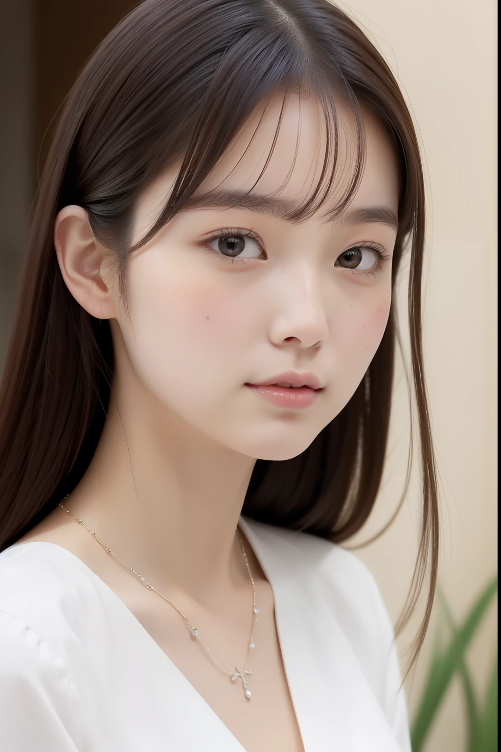 close up of a woman with a white shirt and a necklace, beautiful japanese girls face, girl cute-fine-face, asian beautiful face, feminine beautiful face, beautiful delicate face, cute natural anime face, beautiful feminine face, short sexy skirt, school uniform