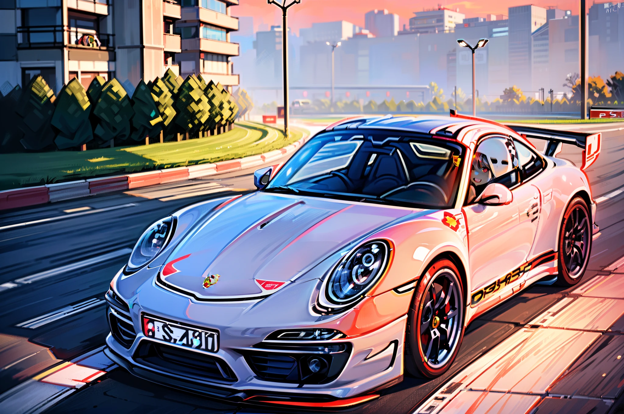 (top-quality、raw、in 8K、32K、masterpiece、nffsw、ighly detailed、Photorealsitic:1.2)、Full body, (Circuit field、sports car on the background、Porsche 911:1.6)、sunlights、deep-shadows、Realistic pupils、Sharp pupils、detailed faces and eyes、beauitful face、18Old Beautiful Girl、shinny skin, Beautiful blue hair、Twin-tailed、Red Eyes、beauitful face、Japan Grand Prix Race Girl、a miniskirt、Wearing boots、Tie your hair with a big red ribbon、Curve、dynamicposes、Opens mouth and laughs、