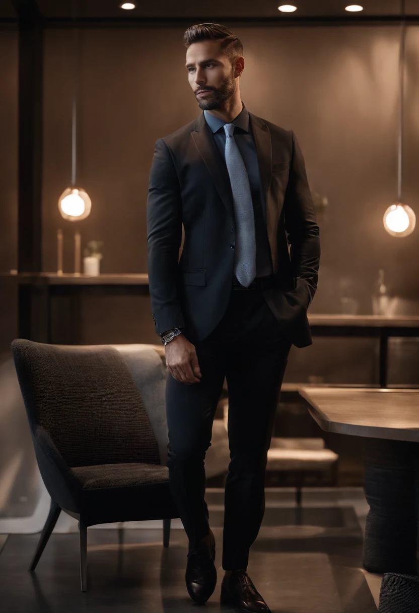 Make a handsome man in his 30s wearing a black suit and tie, CEO, cabelo e barba castanho, (Homem usando terno preto com gravata), ), (usando barba,) Attractive and serious look, cabelo curto escuro, estiloso e elegante, corpo sarado e forte ajustado no terno, mostrar corpo, (imagem de alta qualidade e realista), no fundo da imagem preto escuro e luzes, Film style, ((Melhor qualidade, 8k, Obra-prima).