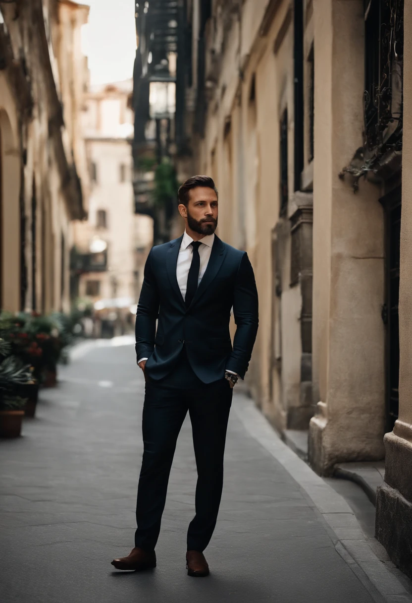 Make a handsome man in his 30s wearing a black suit and tie, CEO, cabelo e barba castanho, (Homem usando terno preto com gravata), ), (usando barba,) Attractive and serious look, cabelo curto escuro, estiloso e elegante, corpo sarado e forte ajustado no terno, mostrar corpo, (imagem de alta qualidade e realista), no fundo da imagem preto escuro e luzes, Film style, ((Melhor qualidade, 8k, Obra-prima).