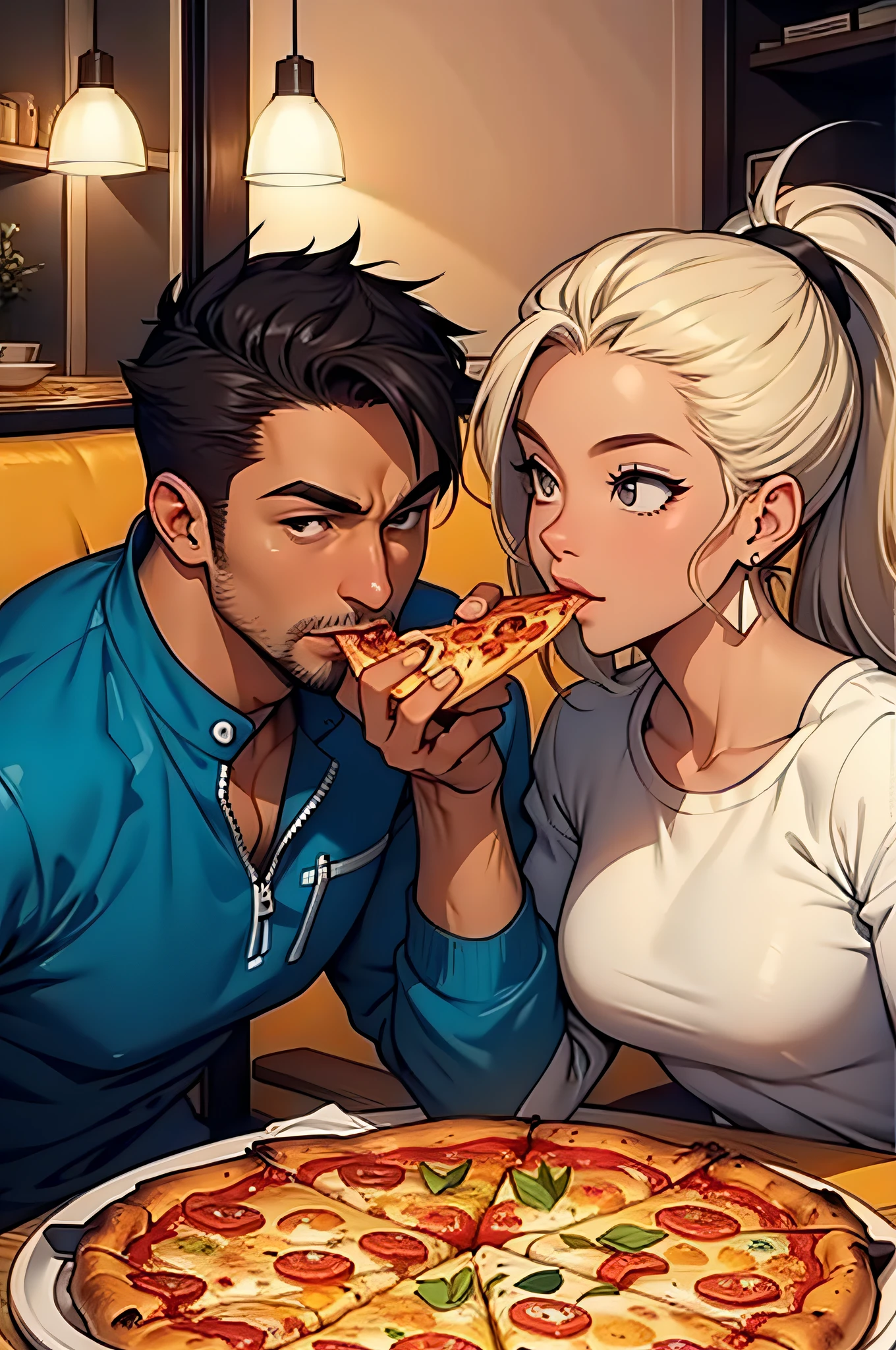 casal comendo pizza, Desenho