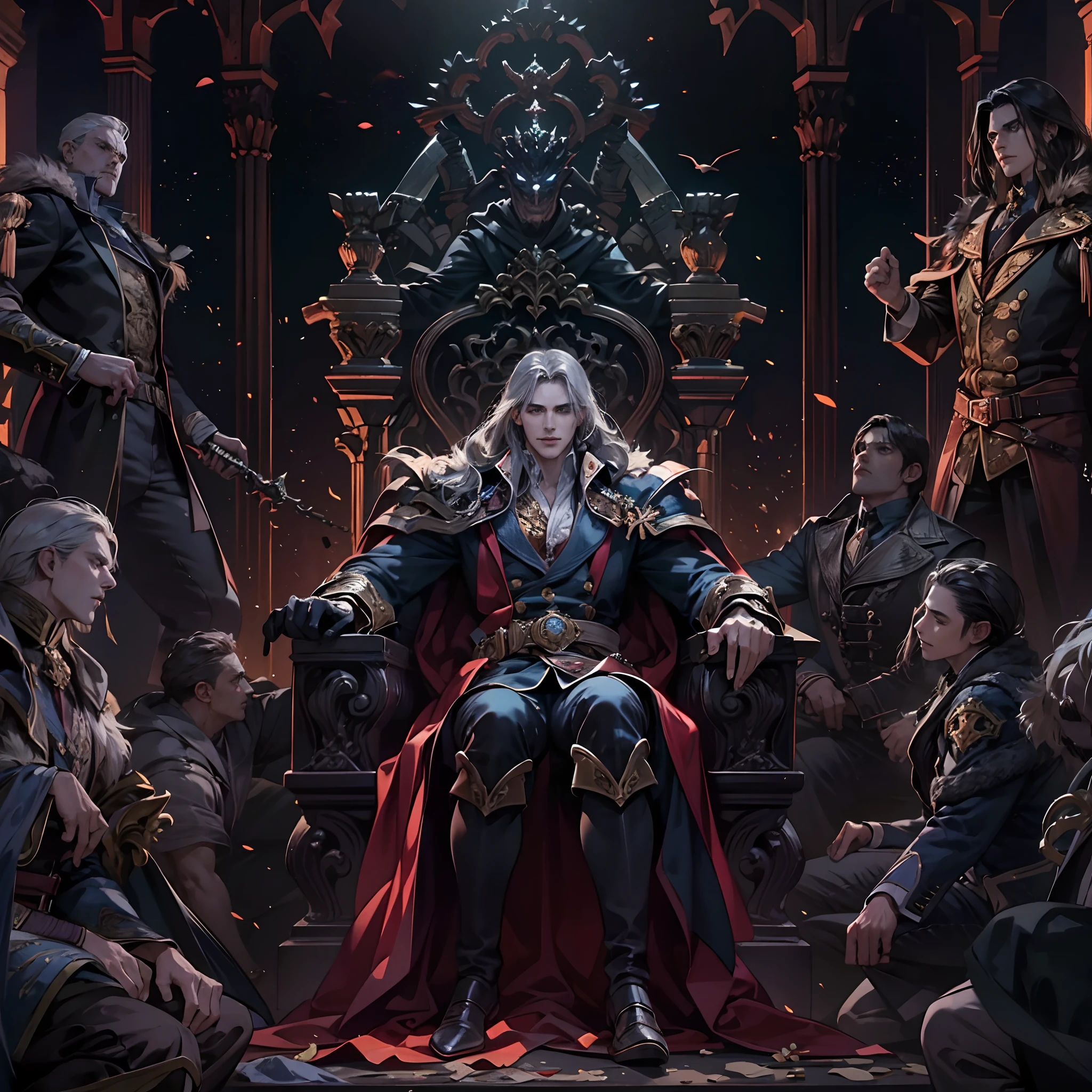 Castlevania Shadow Lord hyper realistic super detailed Dynamic shot masterpiece cinematic scene sitting in his big legendary throne with his men surrounding him hyper realistic super detailed cinematic scenes movie Epic Legendary