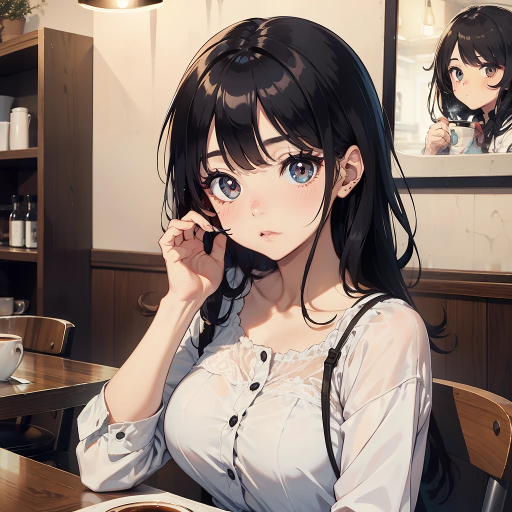 1 beauty，Watery Big Eyes，Pouting，long eyelasher，falda corta，Blushlush，in coffee shop，