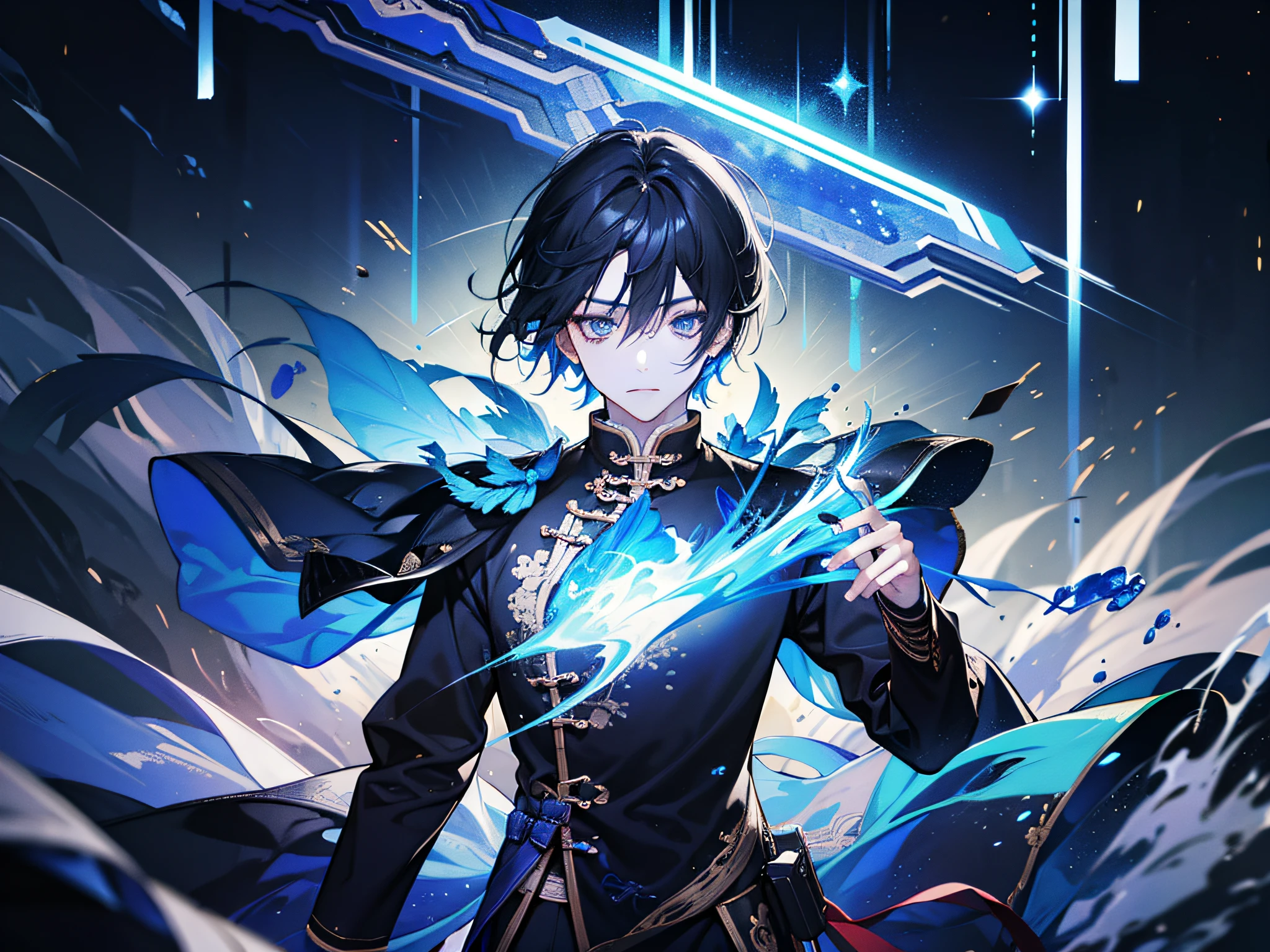 A 20sui boy,Handsome,Fair skin,Eyes resolute,Short flowing black hair,blue color eyes,Powerful,Dress in black,Modern wind,Streamer perimeter,8K,raiden,火焰,Colorful light,starrysky,ruptured,galactic,anime illustration