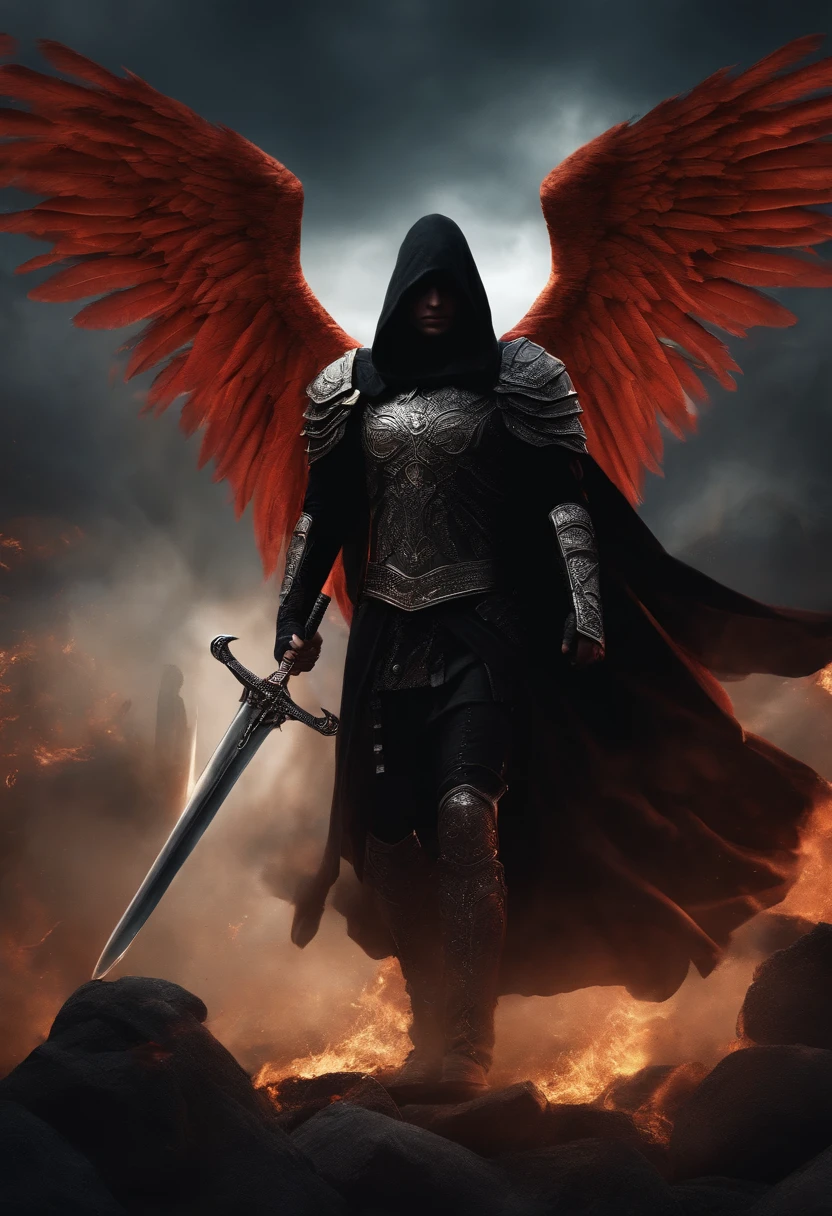 Realistic, 4K, Angels with big wings, Black clothes, one sword, Head hood in war background image (chaos)