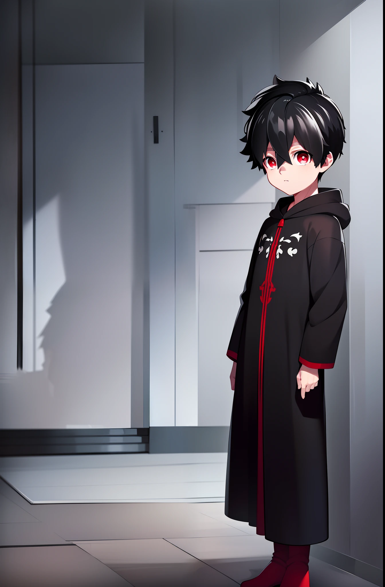 masterpiece, best quality, high quality, 1boy, solo, male focus, looking at viewer, upper body, kabane_kusaka, black hair, red eyes, hair between eyes, , coat, full body, long dress, long robe