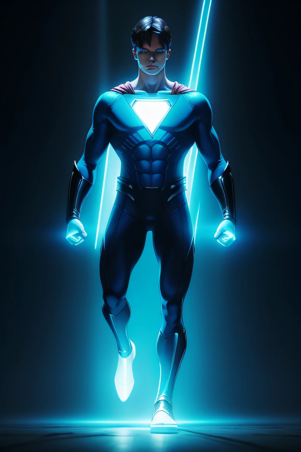 Create a superhero with the cesium theme and who has blue clothing and blue light emanating from his eyes, hands and feet