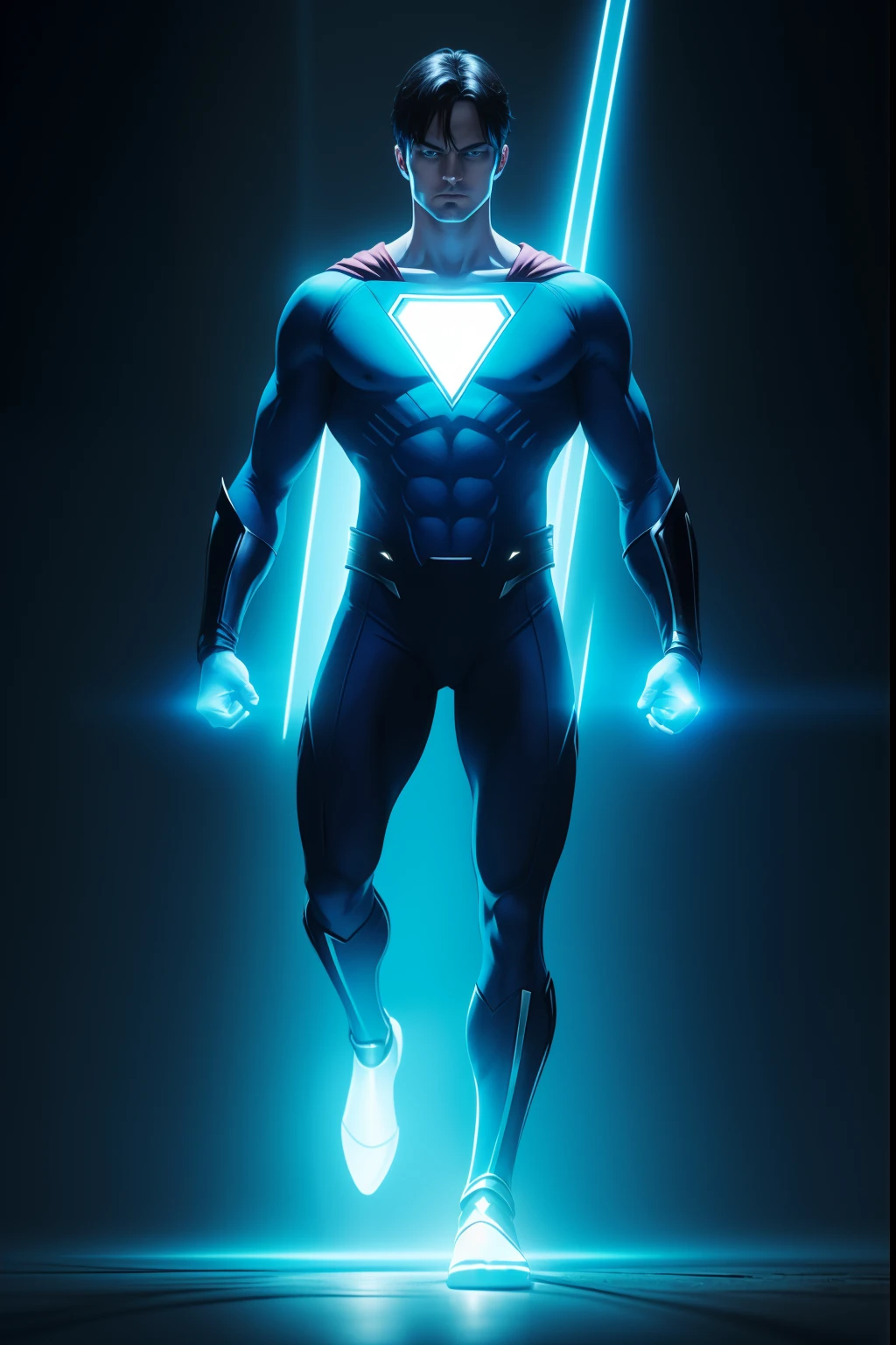 Create a superhero with the cesium theme and who has blue clothing and blue light emanating from his eyes, hands and feet