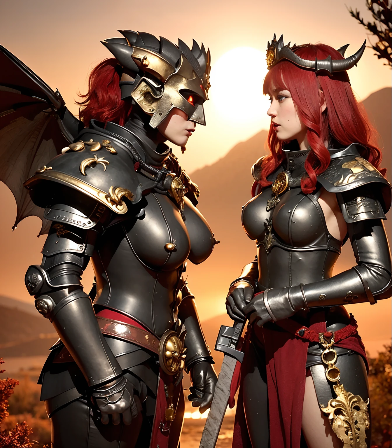 Professional , ​masterpiece、top-quality、photos realistic , depth of fields 、（Fight the Dragon Knight with the Dragon Mask）,（Dragon Black Metal Body:1.4),(Matte Black、（cleavage of the breast）、（Fight dragons）、（Seductive look）、Dragon Gold Weapon、Mystical expression、（bikini-armor),Gorgeous gold weapons ,（（ Dragon's dense and gorgeous sword）） , Beautiful knife   ,warhammer 40k , adepta sororitas,Detail and gorgeous crown、（（Red hair））、（Castle background）、The dragon、（（Gangle's forest background））、Beautiful Caucasian beauty、（１a person）、dynamic ungle,(((Detailed and ornate dragon helmet)))、Smaller head、Castle background、Thin and beautiful female hands、cleavage of the breast、Soldier in iron armor on background、Mystical expression、Light Effects、intense fighting、Wind-effect、magic circles、With the legendary magic wand、（demonic wings）、Toostock、