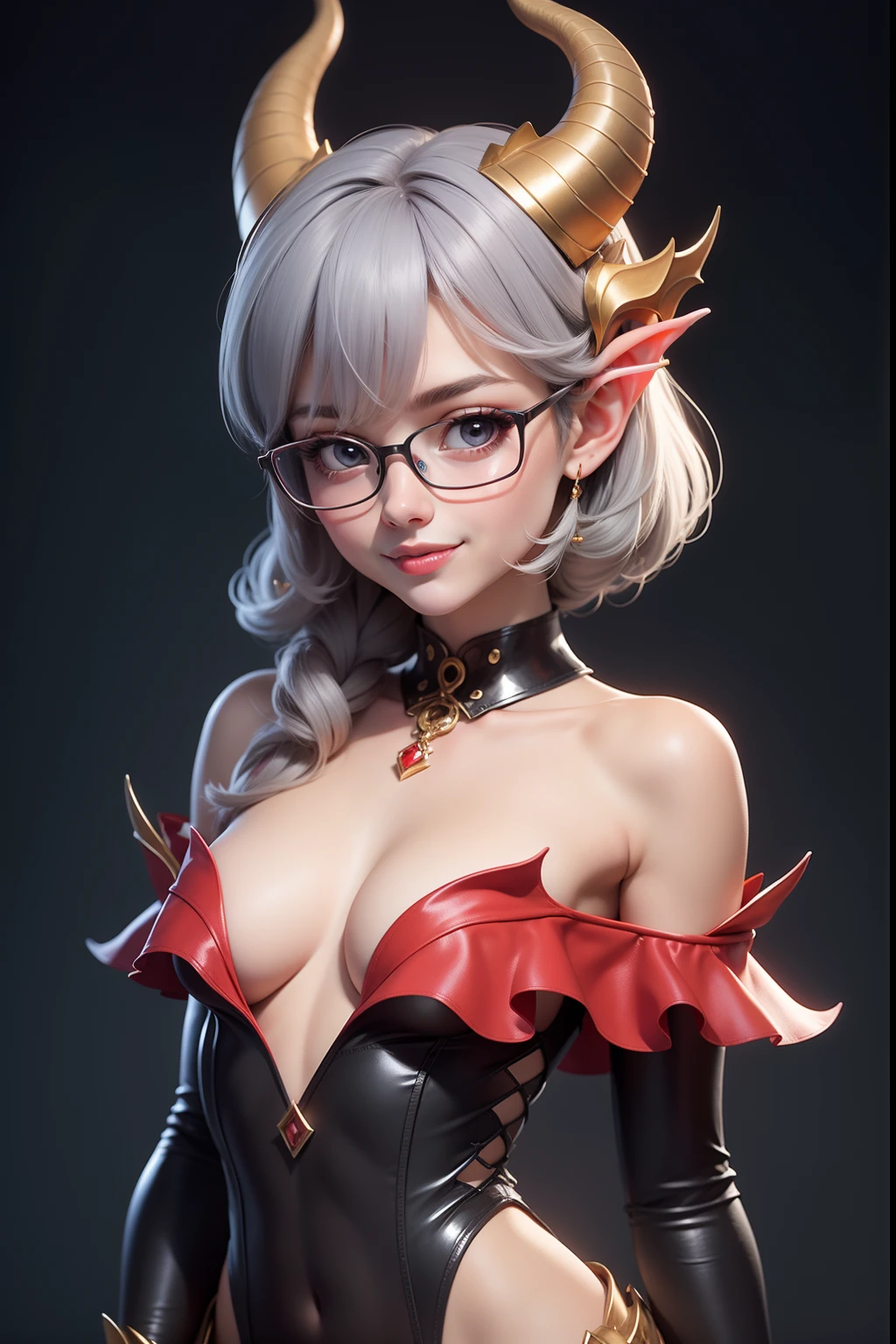 1 cute dragon race. girl (18yo) glasses, dark eyes, upper body, slim waist, natural small breast, sexy pose, seductive expression, bangs, random hairstyle, cleavage, navel, collar, collarbone, off shoulder, seductive smile, wear intricately detail hot and sexy outfit, dragon costume, Coral color, wear unique helmet, random light color, upper body. flat gray color for background