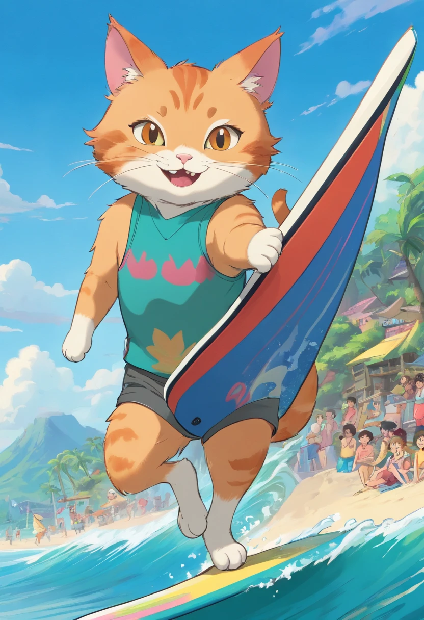 A cartoon cat with a sweet smile is playing surfboard,Jump high,Fit in shape,Wear a surf vest and beach shorts,Stylized furry, Hawaiian beach background,by Ghibli Studio,