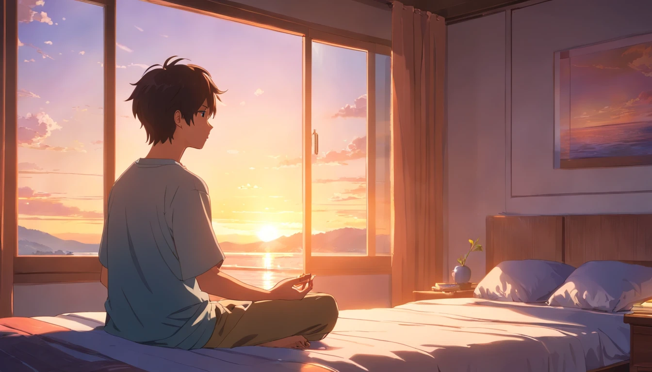 (best quality,highres),a boy meditating with his headphones,laying on the bed in his room with the window open,showing the sunset,peaceful atmosphere,serene expression,yoga pose,sun rays shining through the window,soft colors,calm and relaxing environment,quiet and cozy room,airy curtains,subtle breeze,tranquil mood,gentle music playing in the background,soft ambient lighting,serenity and solitude