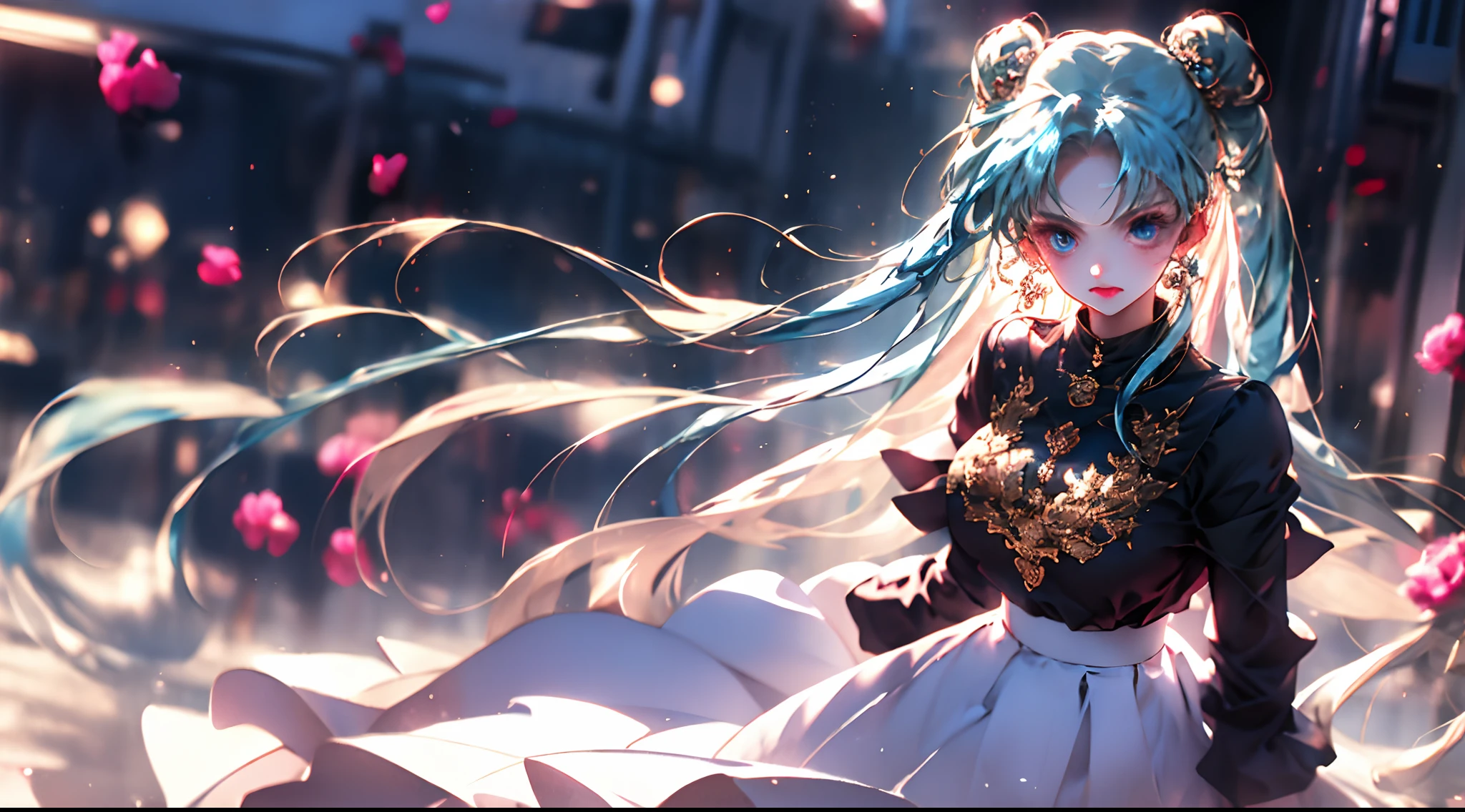 (Masterpiece), (Best quality), (Ultra detailed),(Disheveled hair),(illustration), (1girll), (Fashionable clothing), standing, Fashion model, view the viewer, (interview), (Simple background),Beautiful detailed eyes, Delicate beautiful face, Floating,(High saturation),(Colorful splashes),colorful bubble,(Shining), focus onface,  pony tails, Kamiasto ayaka, Light blue hair, bangs, Hair ring, Floating flowers, Floating hairs, (Shining), BEST lighting, Best shadow,