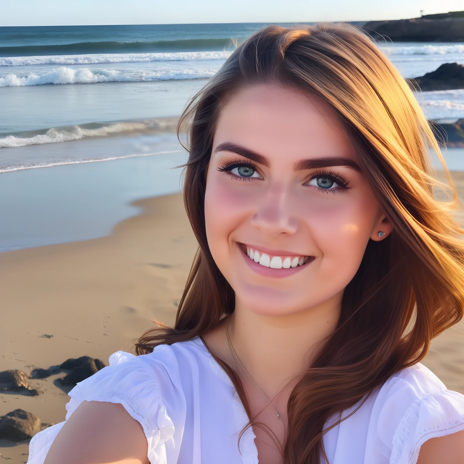 Realistic 20 to 25 year old woman posing in a seaside selfie