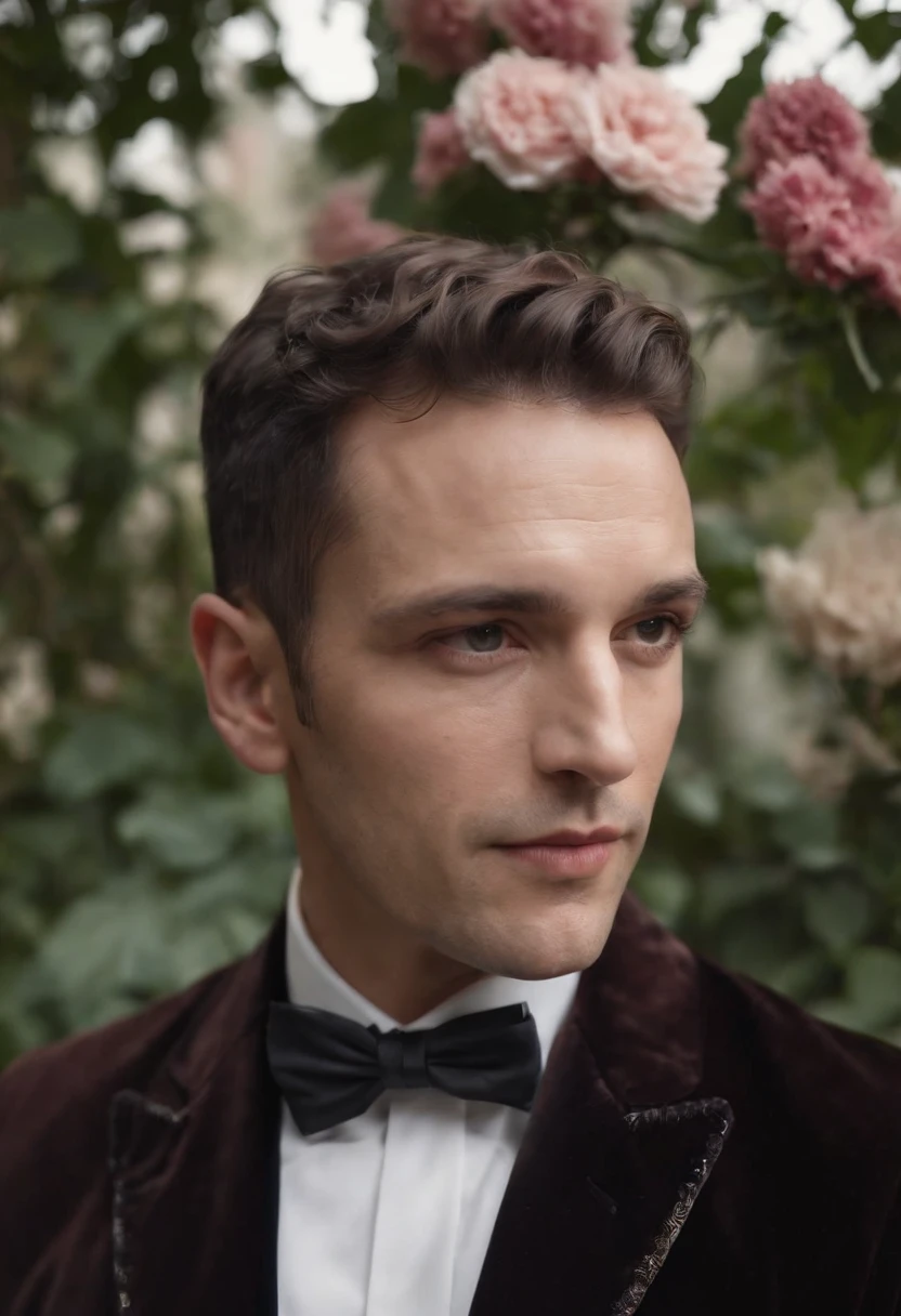 Homme Handsom, Grand et en forme, 40 ans, (shaven:1.2) , curly short brown hair. Dark brown tight velvet suit, (La veste a des motifs de fleurs noires:1.2).