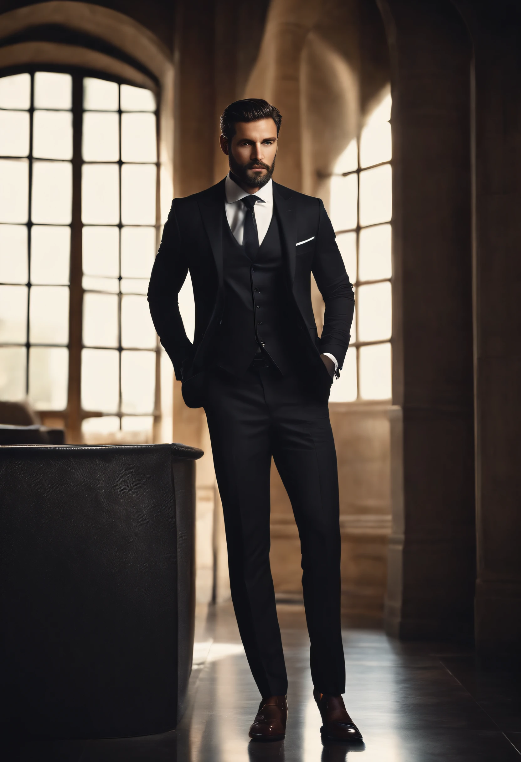 Make a handsome man in his 30s wearing a black suit and tie, CEO, cabelo e barba castanho, (Homem usando terno preto com gravata), ), (usando barba,) Attractive and serious look, cabelo curto escuro, estiloso e elegante, corpo sarado e forte ajustado no terno, (imagem de alta qualidade e realista), no fundo da imagem preto escuro e luzes, Film style, ((Melhor qualidade, 8k, Obra-prima), fotografia hiperdetalhada, (rosto bonito detalhado, textura da pele do detalhe, corpo ultra-detalhado:1.1)