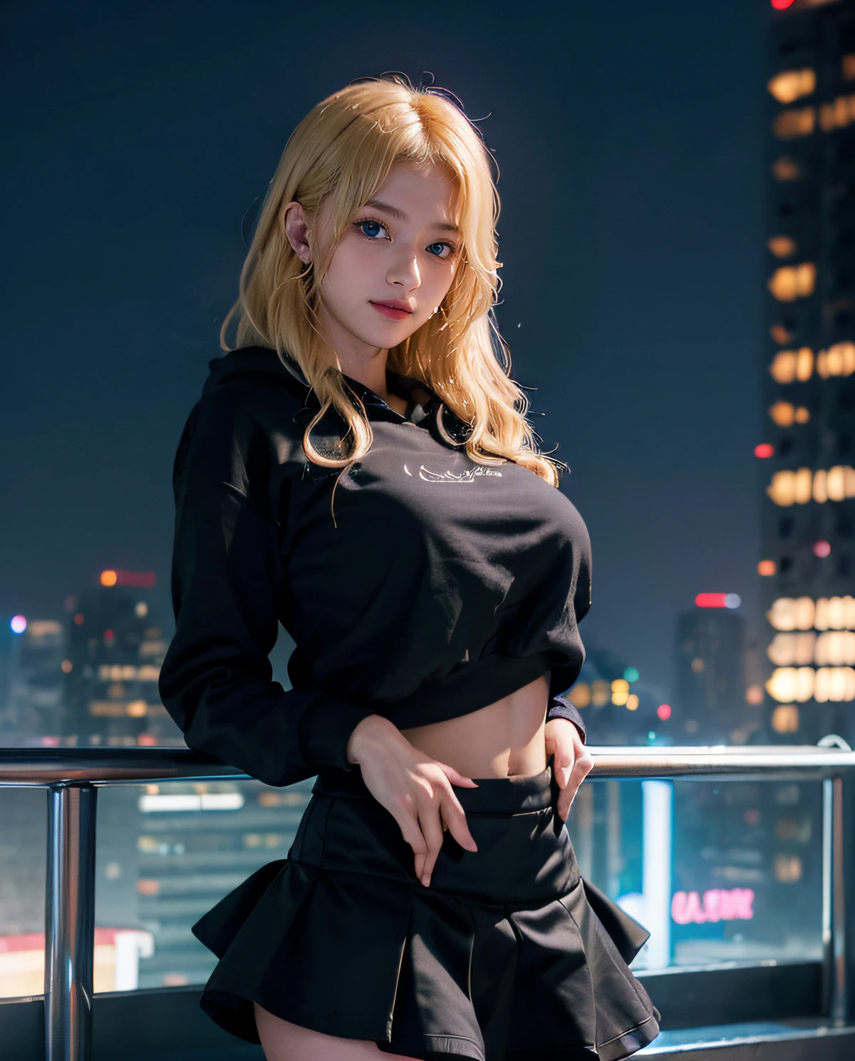 1girl, (Blue Eyes), smiling, (Sana Minatozaki), wide hips, Big Boobs, big ass, (Best Quality, 8k, Masterpiece: 1.3), Clear Focus: 1.2, Perfect Body Beauty: 1.4 , Slender Abs: 1.2, Highly detailed face and skin texture, detailed eyes, double eyelids, (blonde long hair), (black sweatshirt and tiered cotton skirt :1.4), (on the terrace of a building at night), futuristic city with huge buildings illuminated with neon lights in the background
