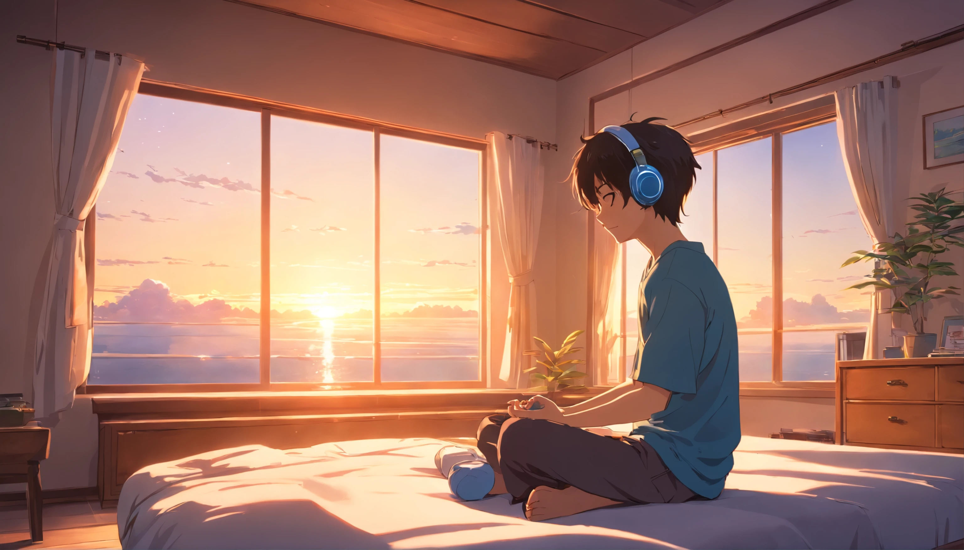 (best quality,highres),a boy meditating with his headphones,laying on the bed in his room with the window open,showing the sunset,peaceful atmosphere,serene expression,yoga pose,sun rays shining through the window,soft colors,calm and relaxing environment,quiet and cozy room,airy curtains,subtle breeze,tranquil mood,gentle music playing in the background,soft ambient lighting,serenity and solitude