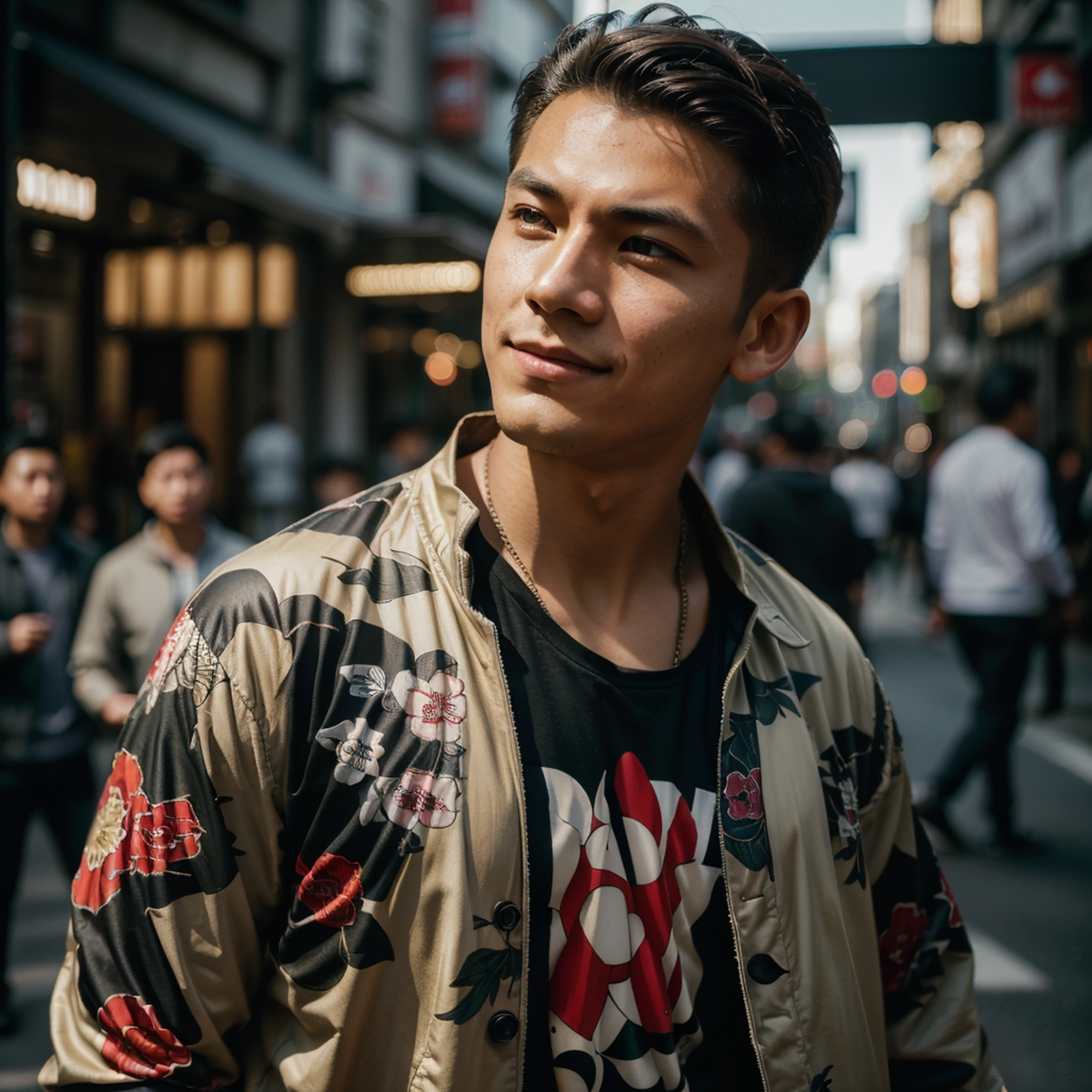 (urban photography:1.2), (film grain:1.2), (candid pedestrian photograph:1.1), (tom holland:0.6), (dynamic pose:1.1), (wearing modern Japanese urban fashion:1.1), (his clothes adorned with intricate oriental designs:1.1), (Canon EOS R6 camera, perfect for capturing outdoor scenes:1.2), (paired with a Canon RF 24-70mm f/2.8L IS USM lens for versatile captures:1.2), (the play of light and shadow accentuating his form:1.1), (his confident expression accentuating the youthful urban fashion:1.1), (an image that captures the fusion of artistry, culture, and natural beauty:1.1)