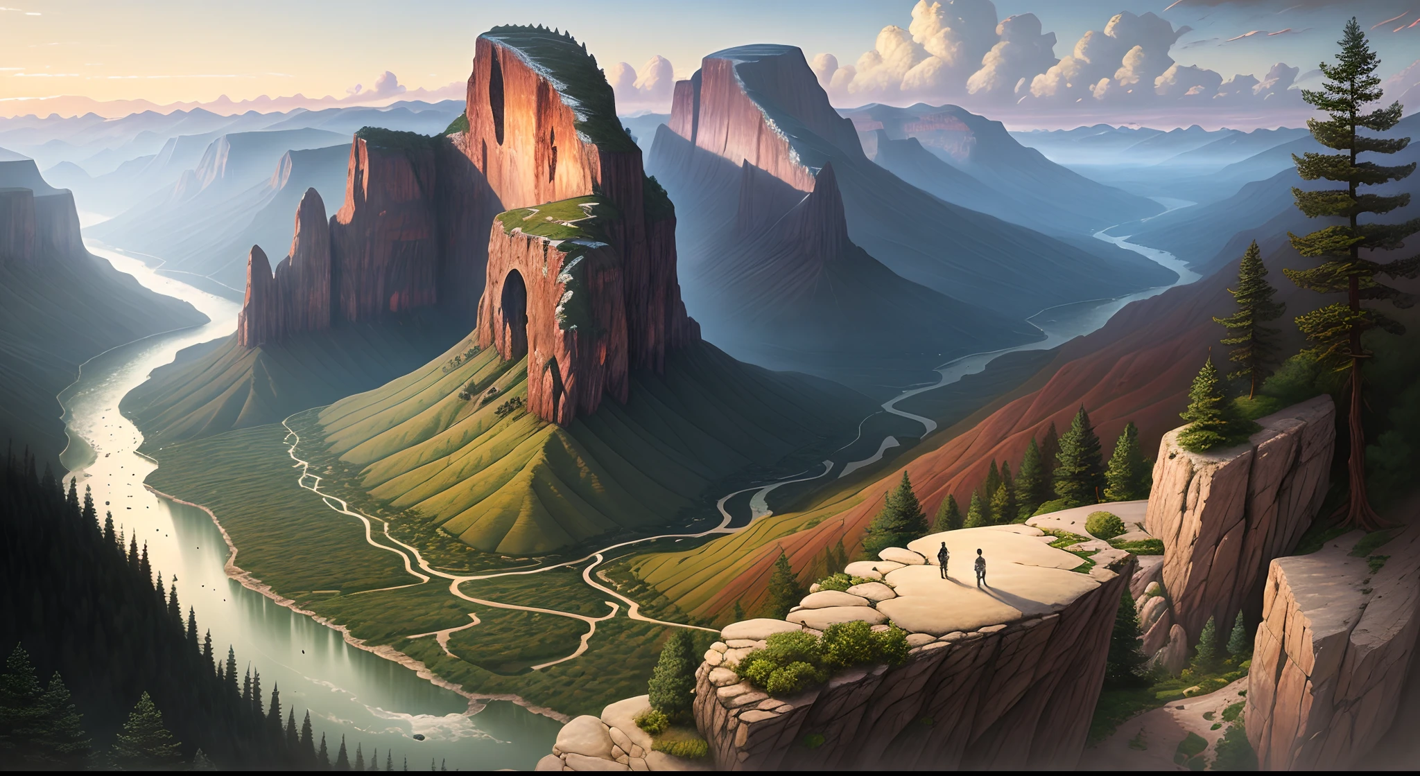 ****a painting by martin johnson Heade::2 of a river running through a forest, an ultrafine detailed painting, by David B. Mattingly, floating mountains, at dawn, sebastian pether, detailed wide shot, highlands, structure : kyle lambert, dynasty, valley, jagged metal landscape, hildebrandt, hidden valley, bear, pristine, canyon --ar 3:2 --uplight --s 1000 --v 5.1
