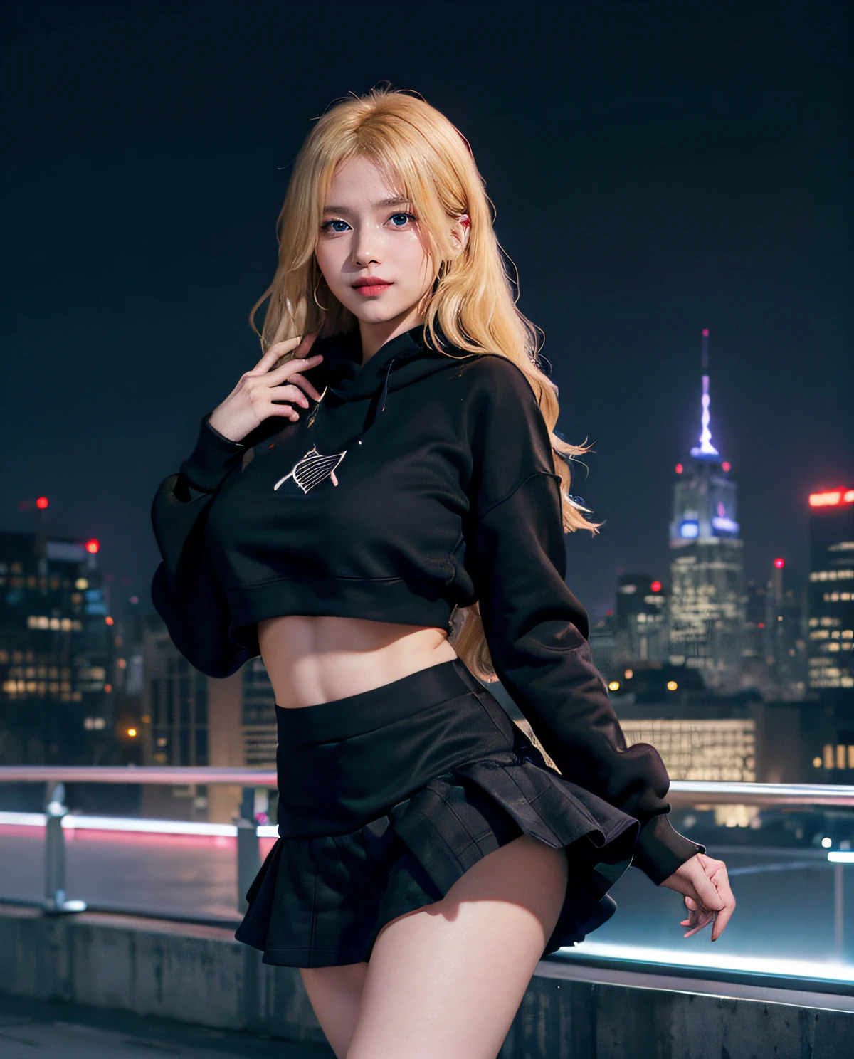 1girl, (Blue Eyes), smiling, (Sana Minatozaki), wide hips, Big Boobs, big ass, (Best Quality, 8k, Masterpiece: 1.3), Clear Focus: 1.2, Perfect Body Beauty: 1.4 , Slender Abs: 1.2, Highly detailed face and skin texture, detailed eyes, double eyelids, (blonde long hair), (black sweatshirt and tiered cotton skirt :1.4), (on the terrace of a building at night), futuristic city with huge buildings illuminated with neon lights in the background