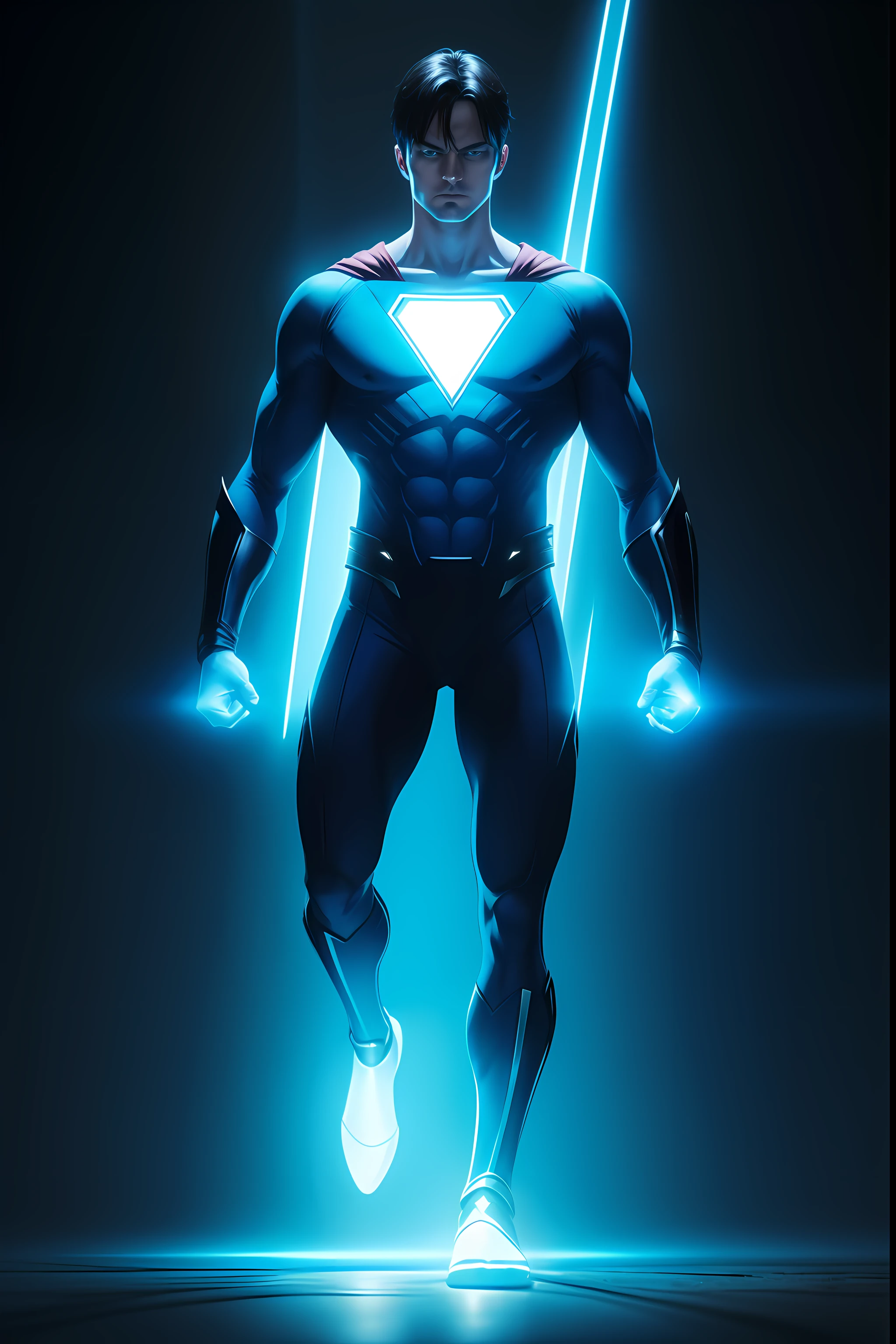 Create a superhero with the cesium theme and who has blue clothing and blue light emanating from his eyes, hands and feet